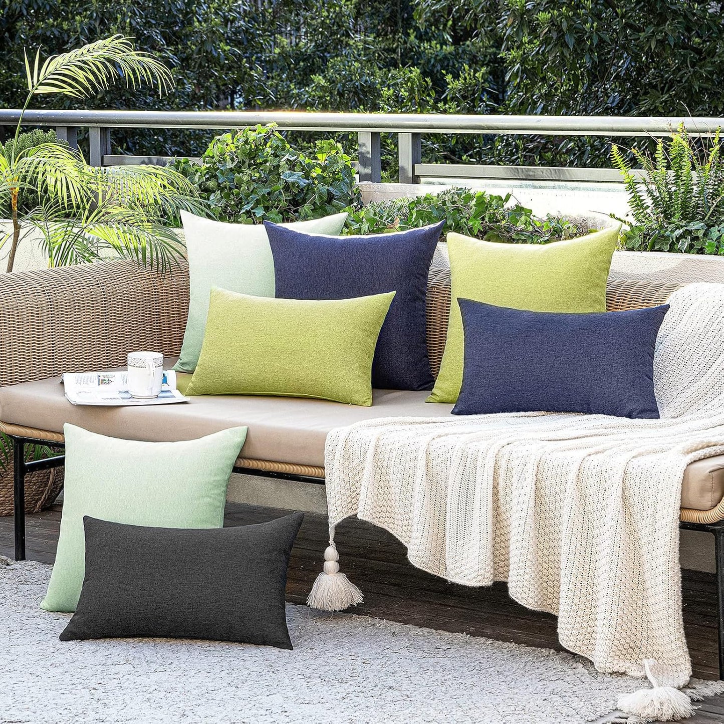 MIULEE Decorative Outdoor Throw Pillow Covers - Waterproof Faux Linen Cushion Cases | 20x12 Inch, Moss Green (Pack of 2)