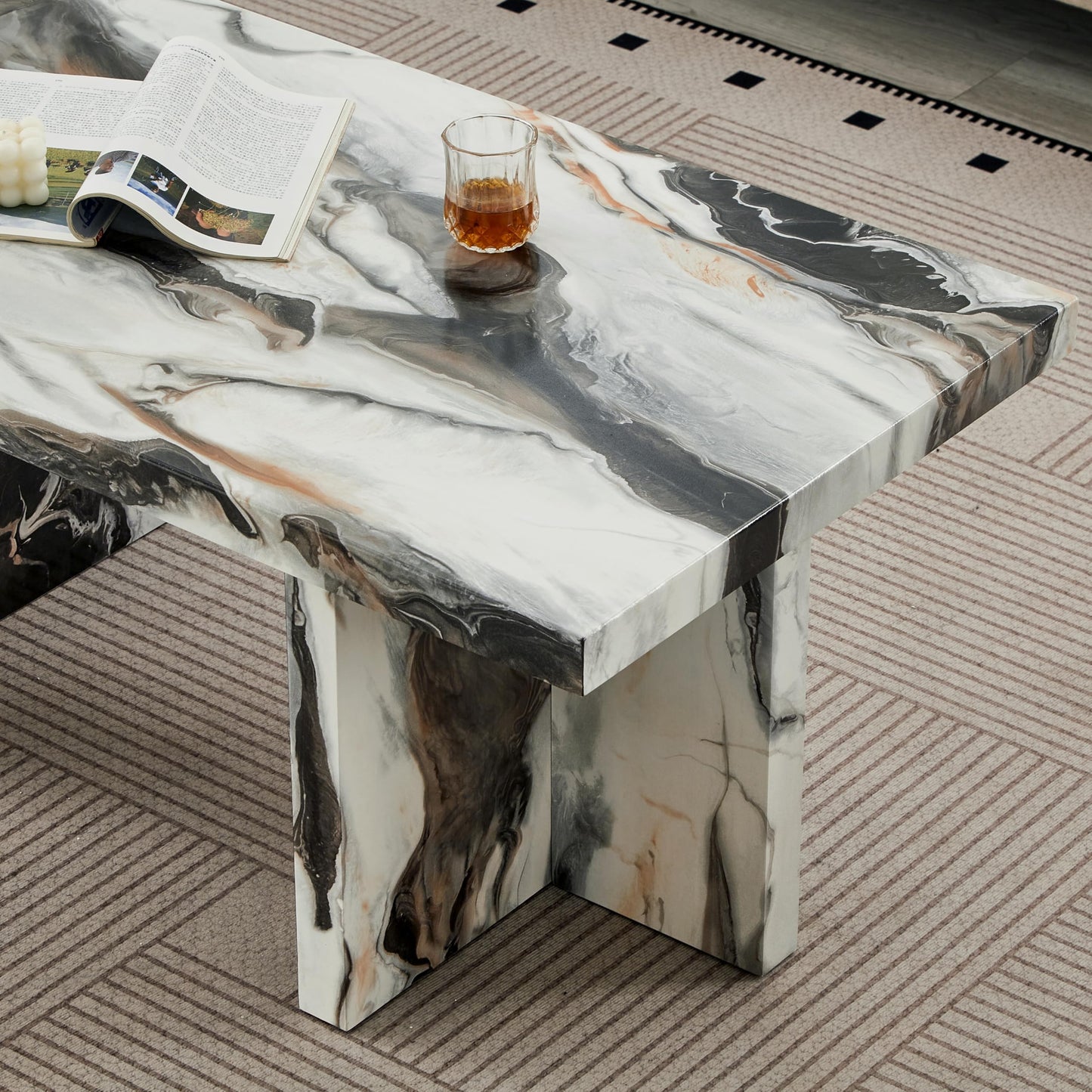 Roundhill Furniture Mchome 3-Piece Coffee Table Set, Coffee Table and Two End Tables, Off-White Faux Marble
