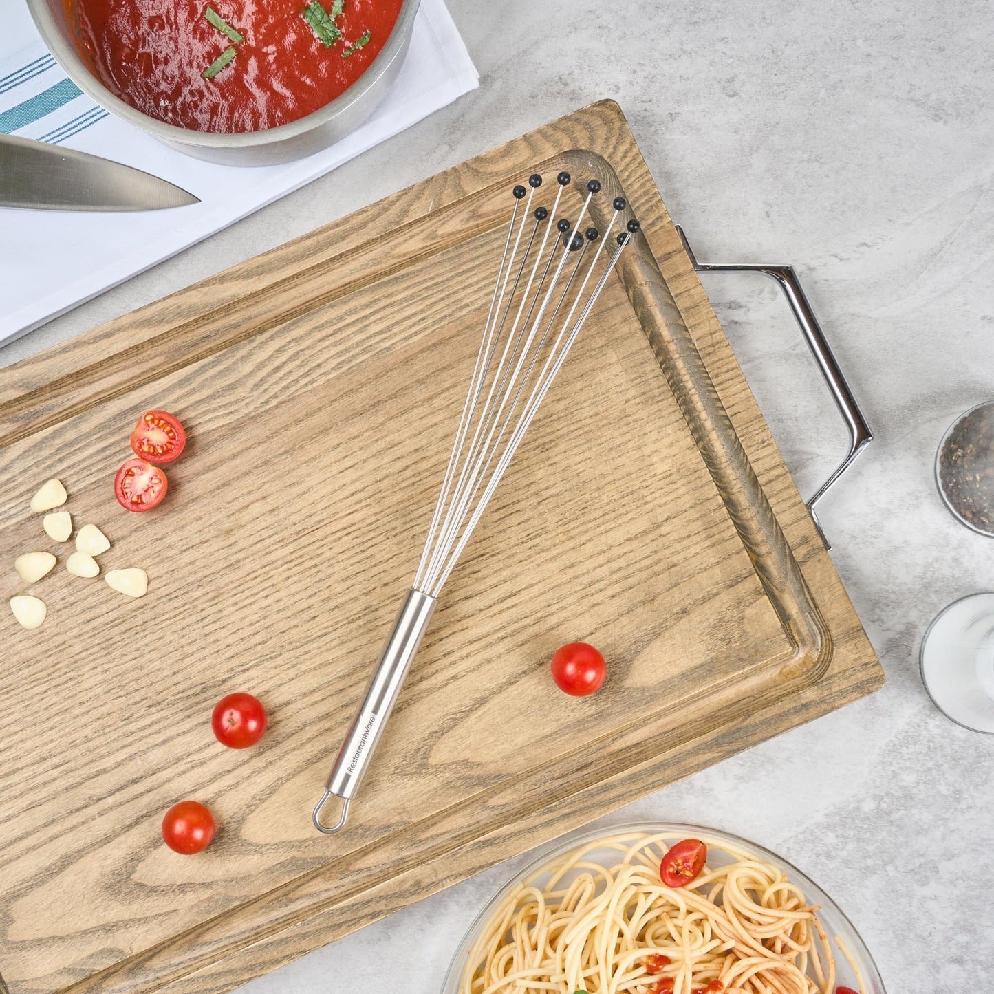Restaurantware 12.5 in Stainless Steel Ball Whisk with Silicone Tips - German Standard Sauce & Gravy Whisk, Non-Scratch, Dishwasher Safe - Non-Stick Silicone Ball Whisk for Baking