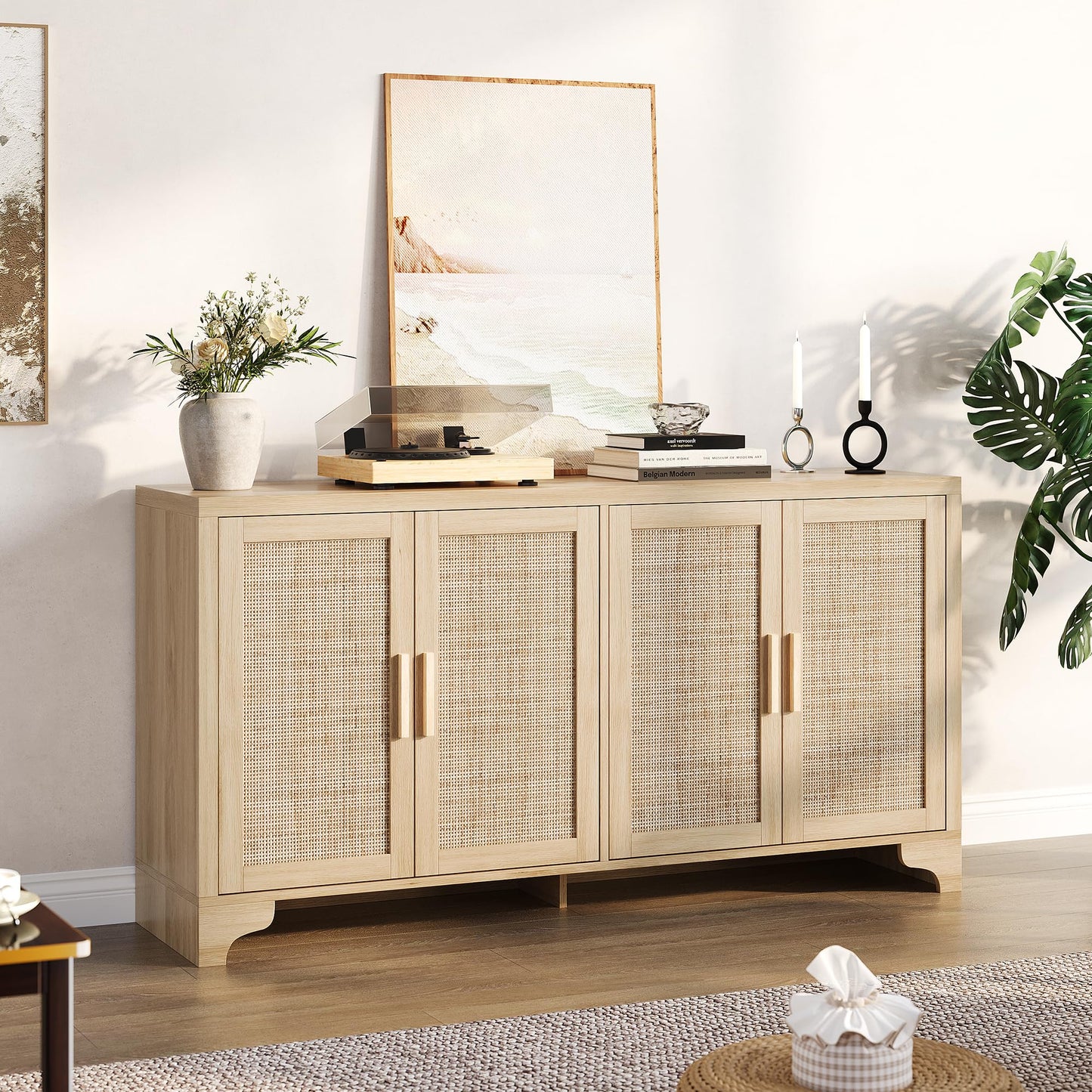 GAOMON TV Stand for TVs Up to 65'', Natural Rattan Entertainment Center with Storage Cabinets, Boho Media Console Table for Living Room, Farmhouse Cabinet, Oak