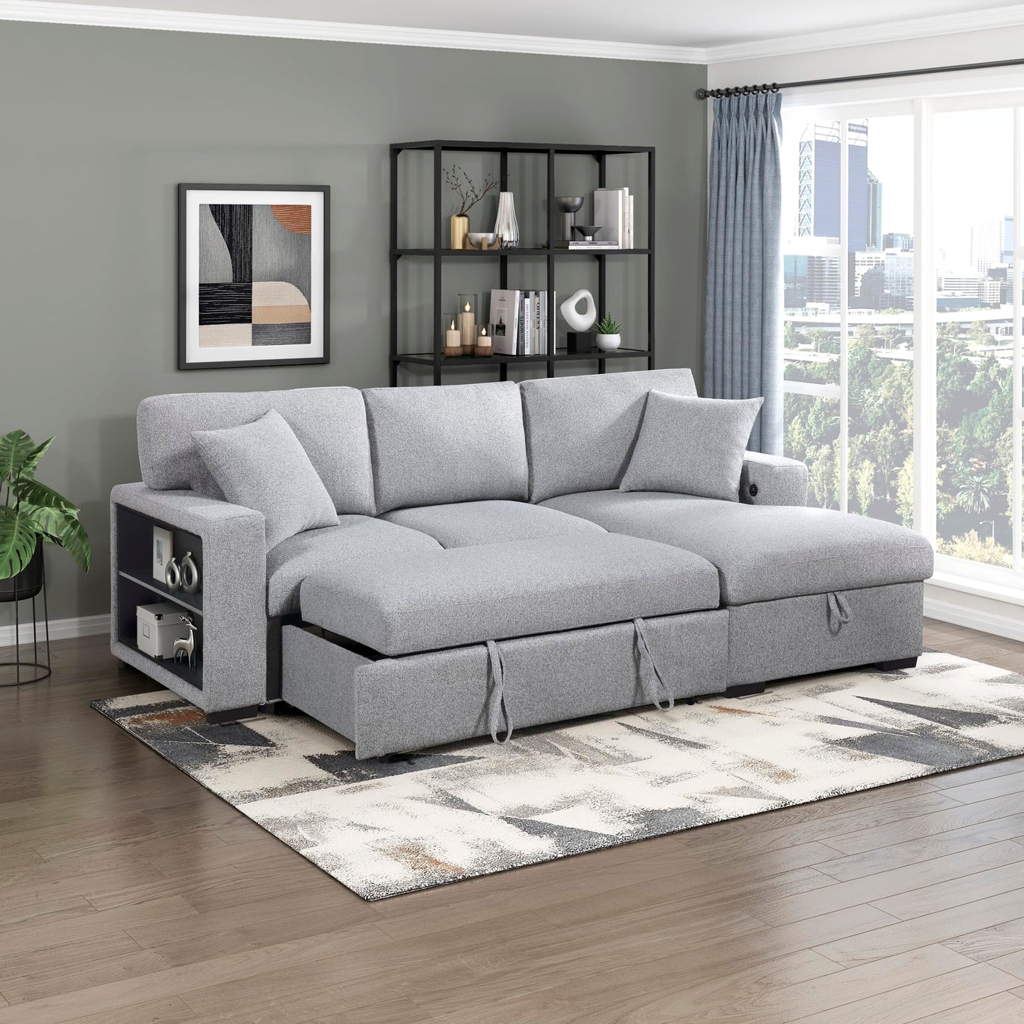 Lexicon 92.5" W L Shape Sectional Couch with Right Storage Chaise and Pull Out Sofa Bed, Sectional Sleeper Sofa with Memory Foam Seat Cushion, Charging Port, Storage Shelf for Living Room, Gray