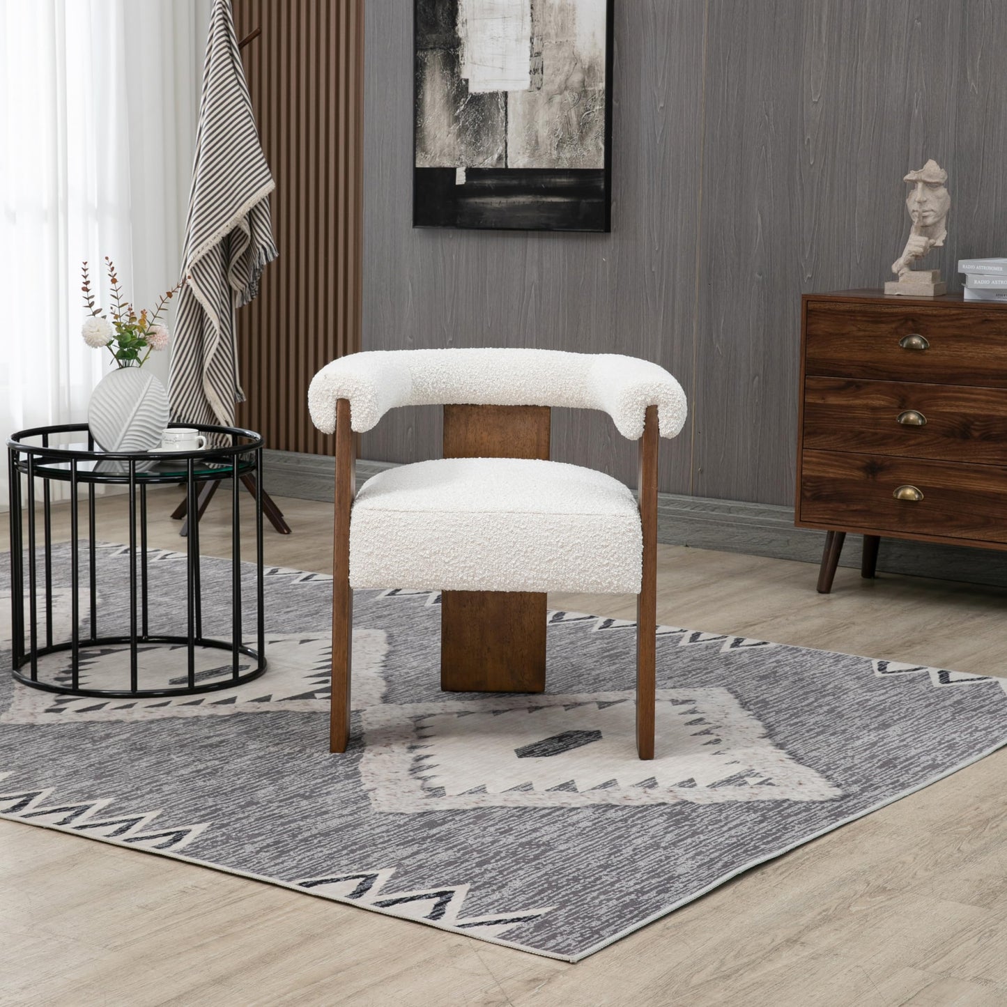 Meridian Furniture 562Cream-C Barrel Collection Mid-Century Modern Boucle Fabric Upholstered Dining Chair with Solid Wood Walnut Finish, Rich Cream Boucle Fabric, 27.5" W x 24" D x 28" H, Cream