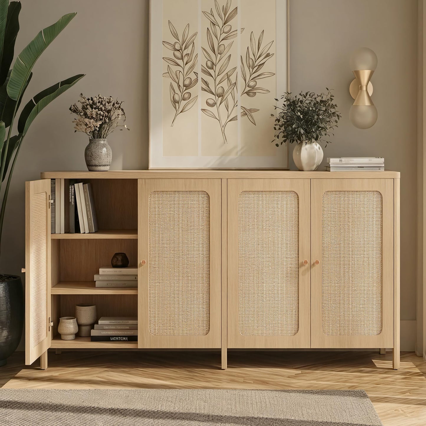 KISLOT 63" Rattan Buffet Cabinet with Storage, Sideboard with Adjustable Shelf, Accent Kitchen Floor Storage Cabinet with 2 Doors, Coffee Bar for Living Room, Entryway, Natural Oak(2 Box)
