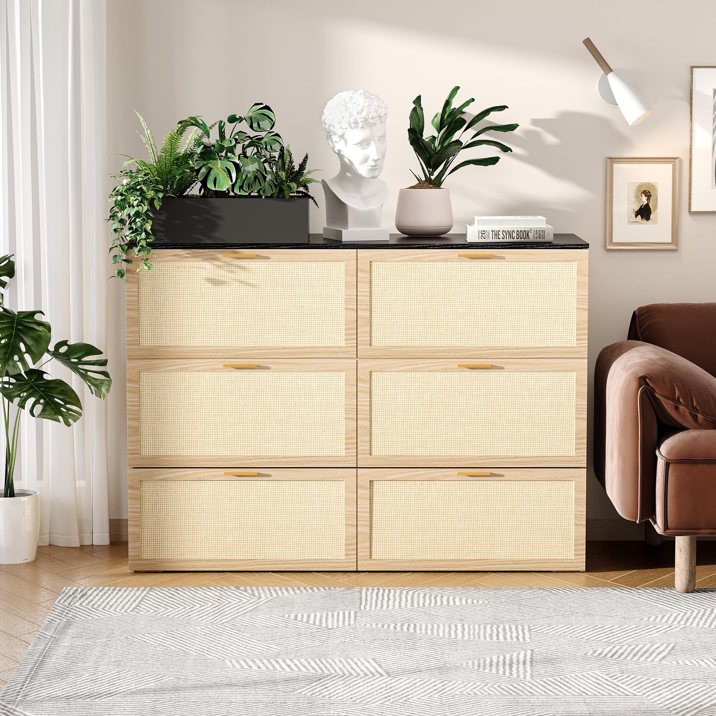 VINGLI Full Size Rattan Murphy Bed with Storage Drawer,2 Charging Station, Boho,Hideaway Paltform Panel Bed for Small Spaces,Guest Room,Office,Apartment, Space-Saving Cabinet Bed,Oak White