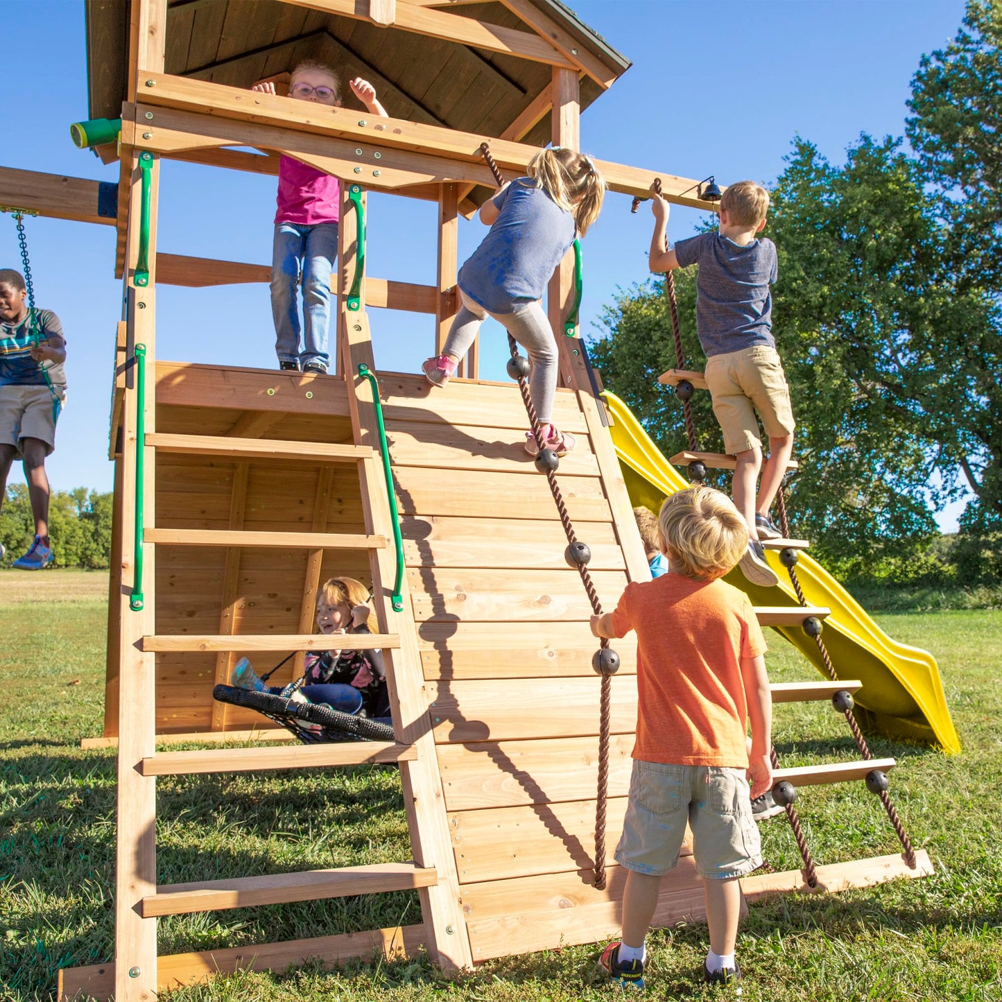 Backyard Discovery Endeavor Cedar Wood Swing Set with Wave Slide, Play Deck, Double Rock Wall, Rope Ladder, Climbing Wall, Belt Swings, 40-Inch Web Swing, Step Ladder, Toy Telescope, Outdoor Playset