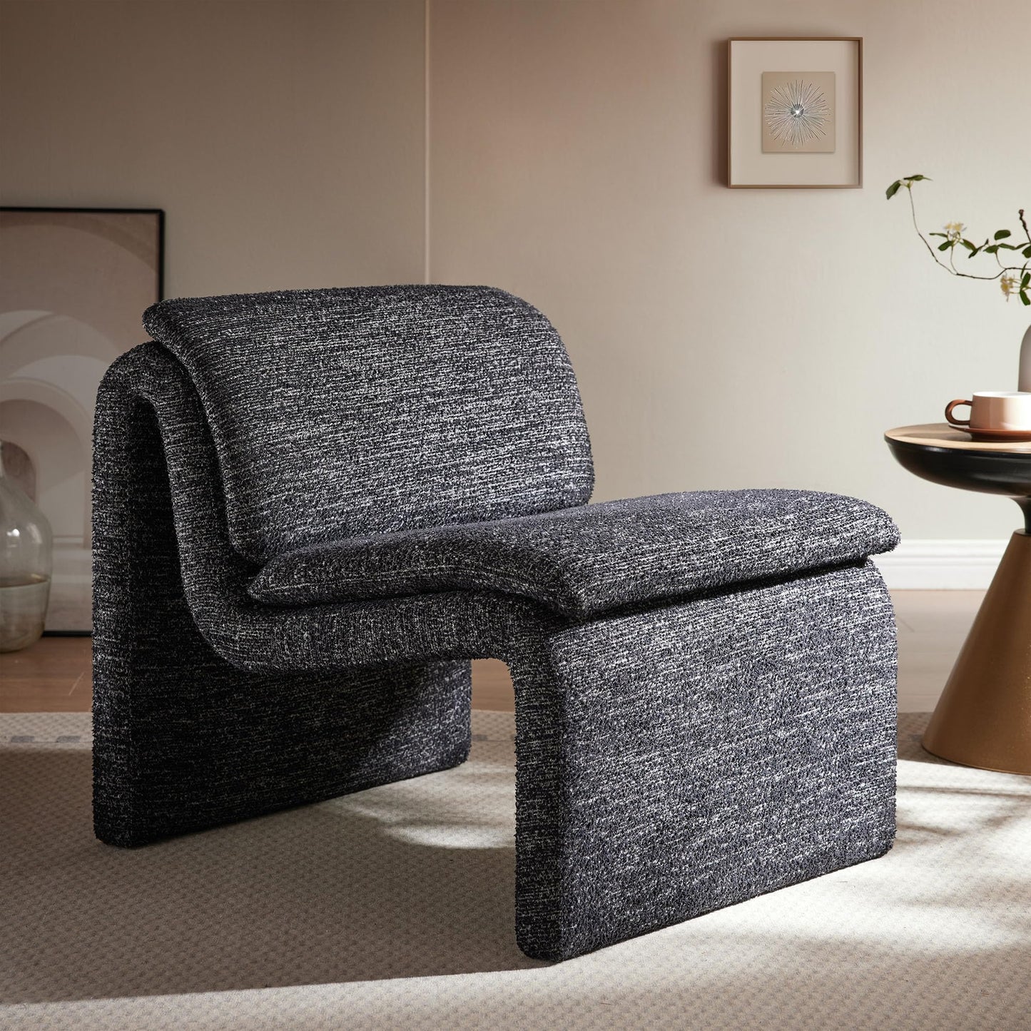 Modway Lume Curved Lounge Chair in Charcoal Boucle Fabric – Modern Upholstered Armless Accent Chair with Padded Cushion - Unique Slipper Chair for Bedroom or Living Room