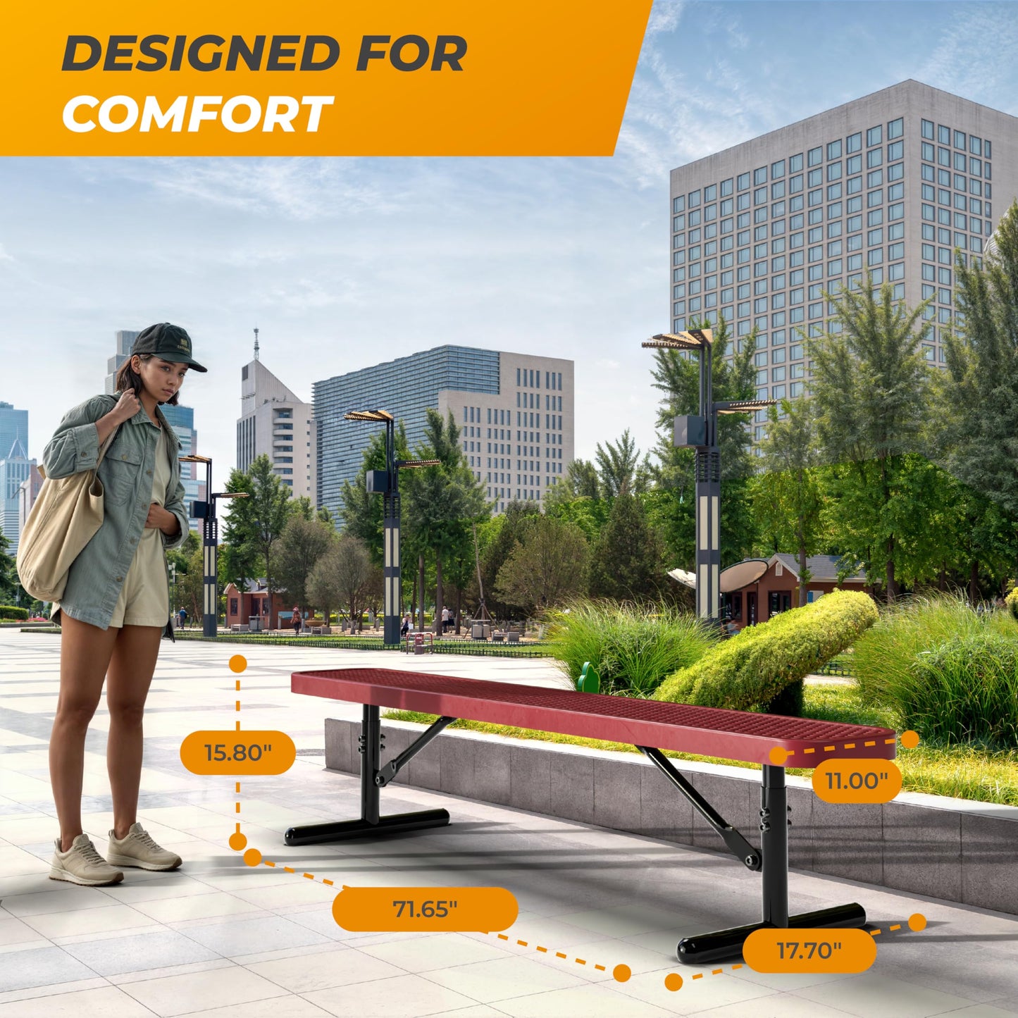 OUTTANS Heavy-Duty Outdoor Metal Bench, Thermoplastic-Coated, Portable, Weatherproof, Commercial-Grade for Parks, Gardens, Patios, Stores & More (6 Ft - Portable, Red)
