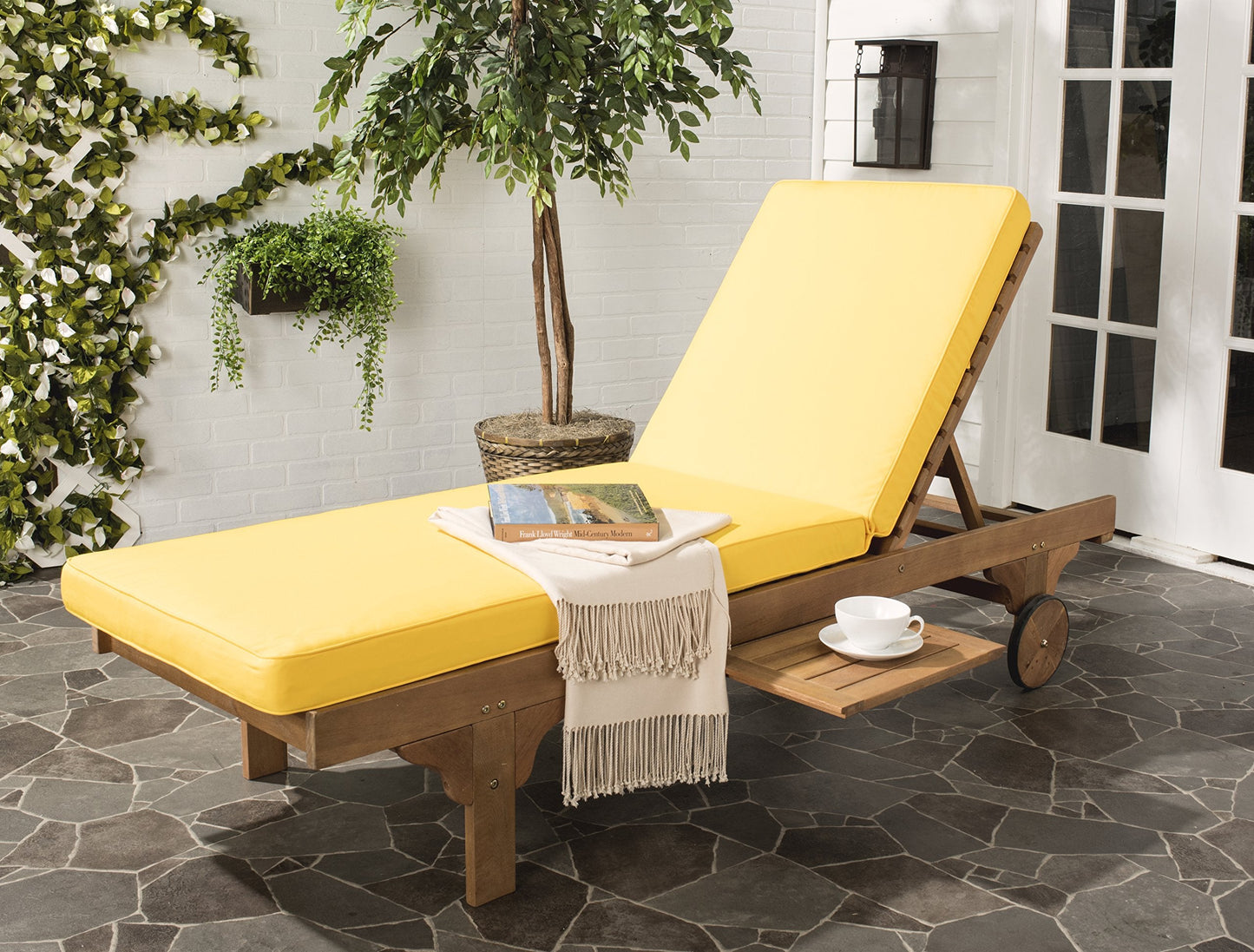 SAFAVIEH Outdoor Collection Newport Natural/ Yellow Cushion Built-in Side Table Adjustable Chaise Lounge Chair