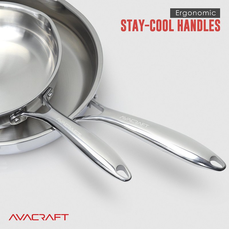 AVACRAFT 10 Inch Tri-Ply Stainless Steel Frying Pan with Lid, Side Spouts, Induction Pan, Versatile Stainless Steel Skillet, Fry Pan in our Pots and Pans (Tri-Ply Stainless steel,10 Inch)