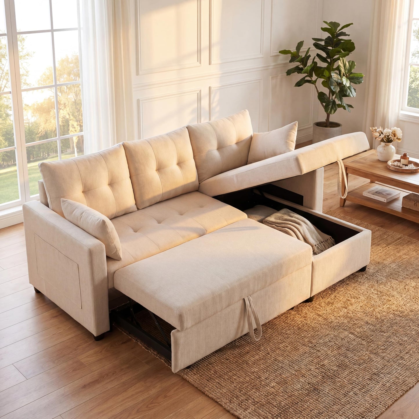 Trygoal Convertible Sofa Bed, L Shape Sleeper Sofa with Reversible Storage Chaise, Tufted Fabric Sectional Sleeper Sofa with Pull Out Bed for Small Space, Living Room, Apartment, Almond