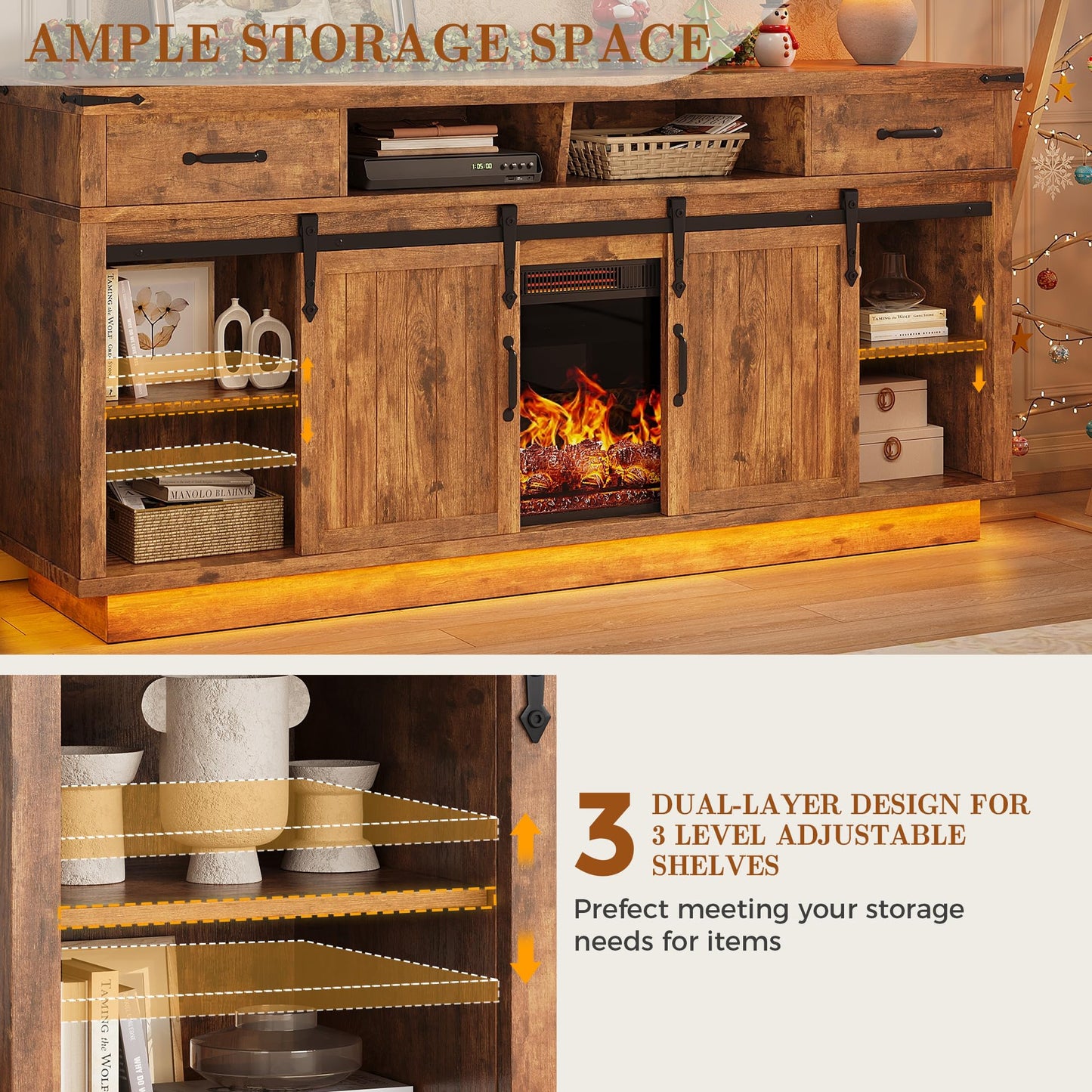 Jocoevol 58" Farmhouse Electric Fireplace TV Stand for TVs up to 65", Entertainment Center with 2 Large Storage Drawers, Sliding Barn Doors, Adjustable Shelves, TV Console for Living Room - Brown