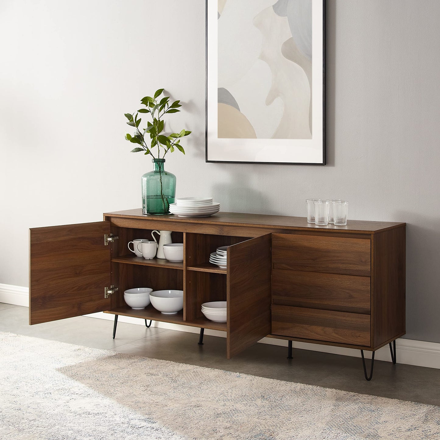 Crosley Furniture Teagan Mid Century Record Storage Sideboard Buffet Cabinet, Brown Oak