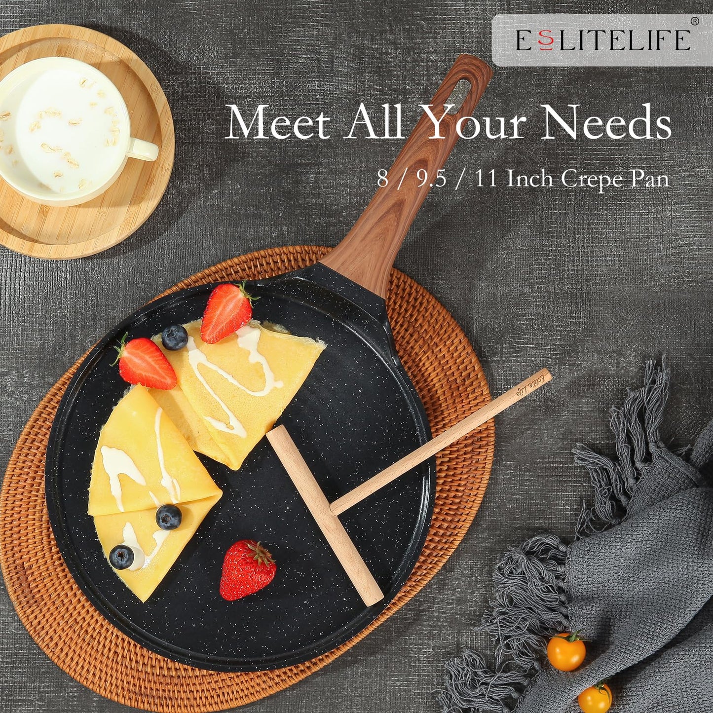 ESLITE LIFE 9.5 Inch Crepe Pan with Spreader, Nonstick Granite Coating Dosa Pan, Roti Tawa Comal Para Tortillas Pancake Griddle Pan, Induction Compatible, PTFE & PFOA Free, Black