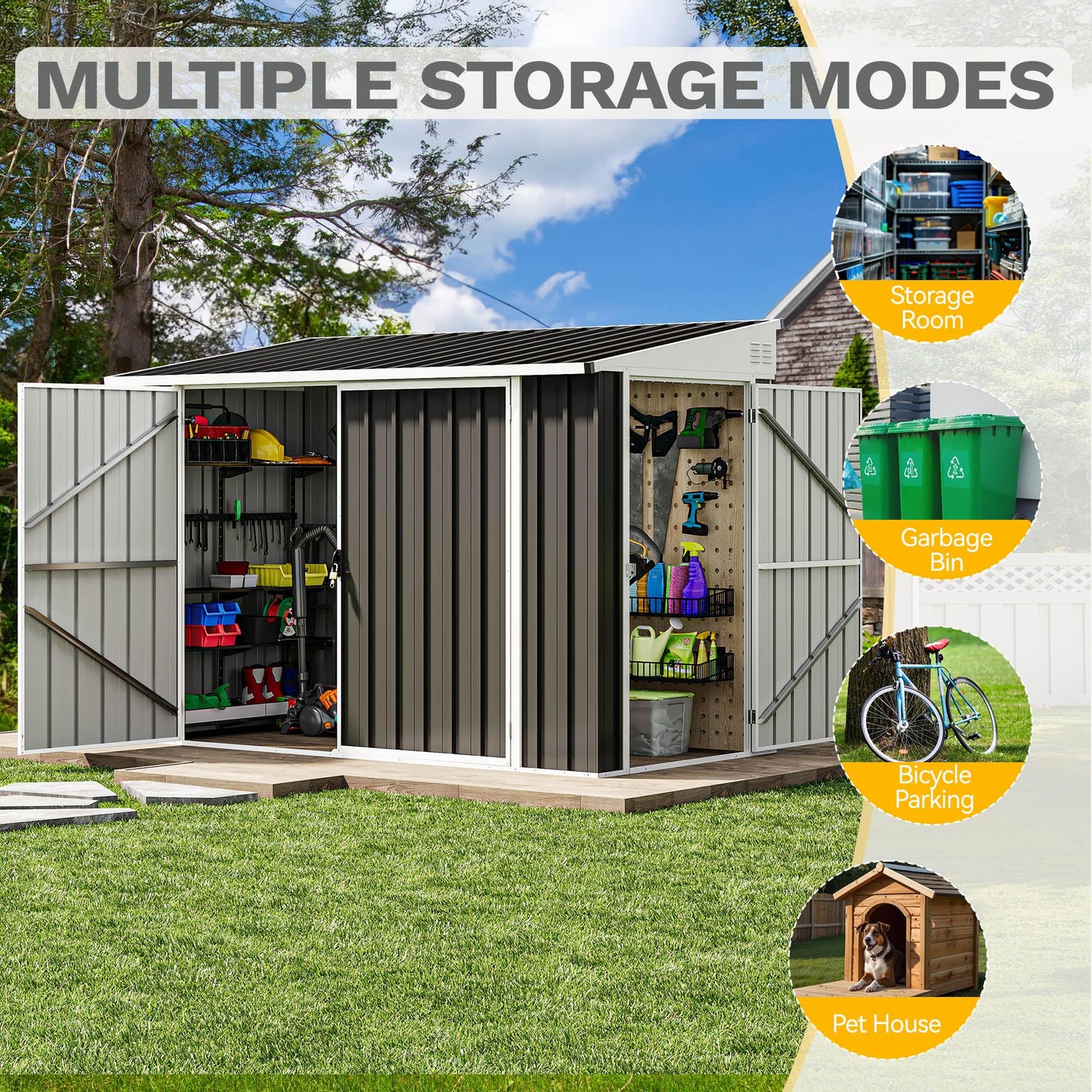 DWVO 7x4 FT Outdoor Weatherproof Storage Shed, Secure Metal Bike Shed w/Lockable Entry, Garden Storage Solution for Lawn Equipment, Tools, Waste Bin, Dark Gray