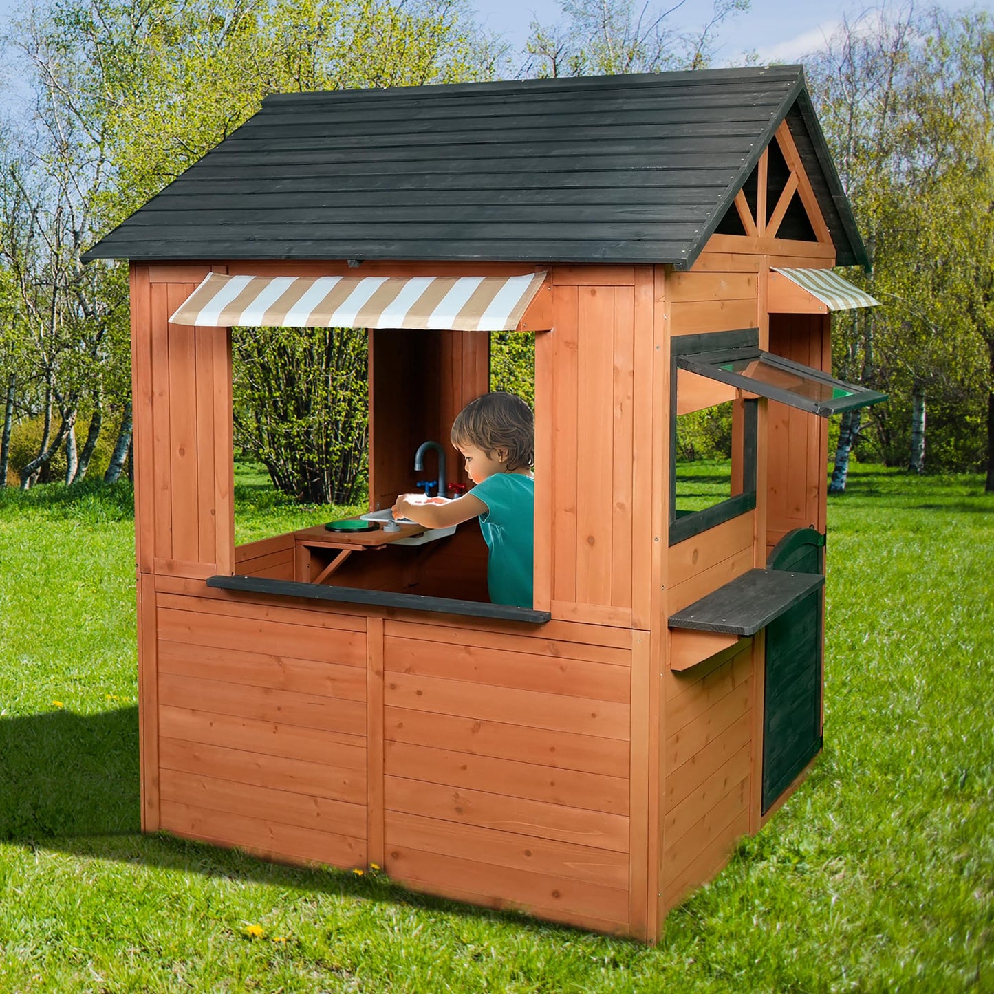 Easy Playhouse: Big Outdoor Wooden Playhouse - Working Door & Windows, Side Serving Station & Bench, Sink & Stove, Backyard Creative Toy Home, Kids 3+
