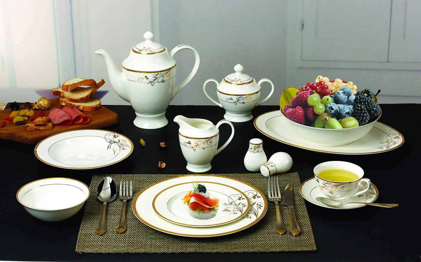 Lorren Home Trends La Luna Bone China 57-Piece 24K Gold Floral Design Dinnerware Set, Service for 8