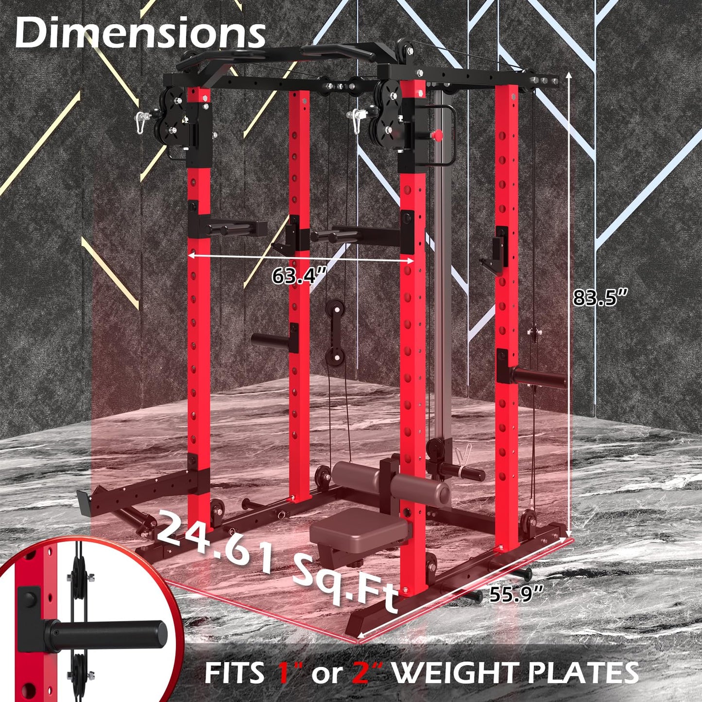 Power Rack with LAT Pulldown & Dual Pulley, 2000lbs Squat Rack for Home Gym, All-in-One Strength Training Cage with Cable Crossover, Bench Press & Pulley Workout System for Garage