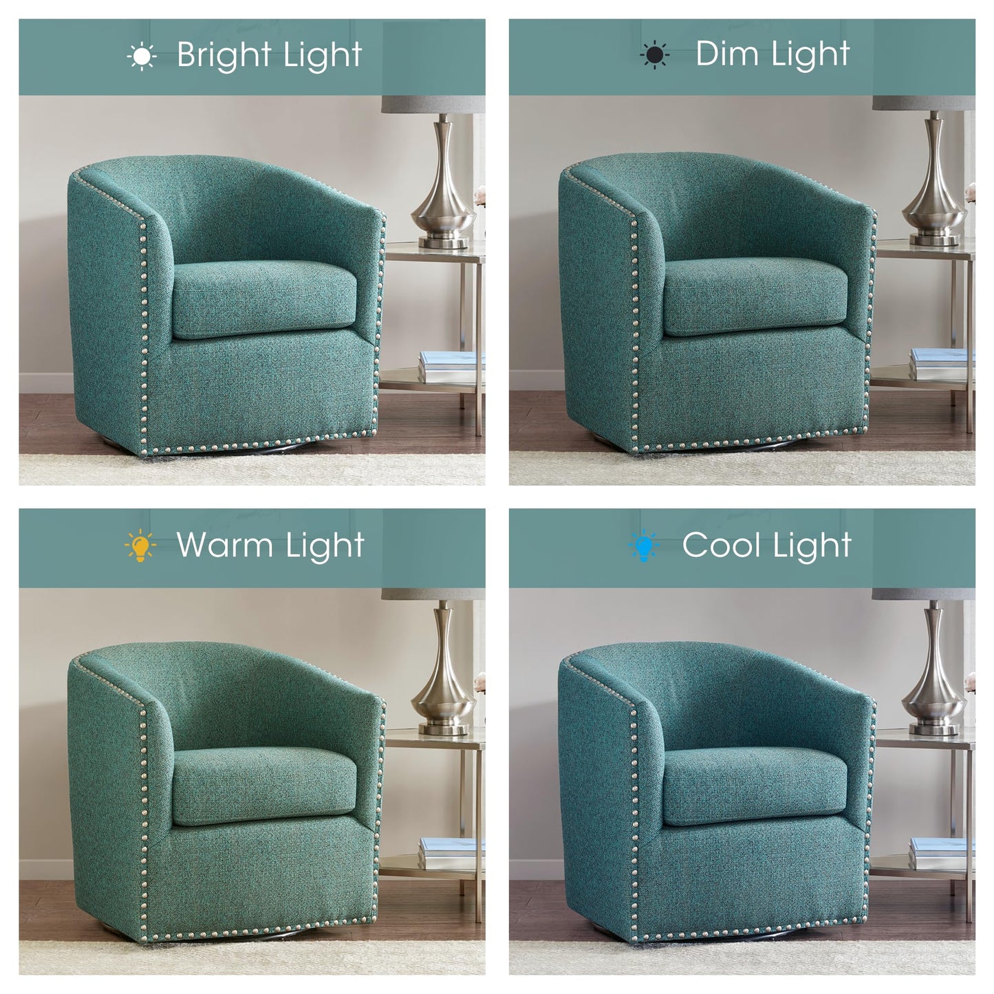 Madison Park Swivel Barrel Accent Chair, Upholstered Curved Back with 7-Inch Thick Woven Cushion, 360° Swivel, Nailhead Trim, Comfy Chair for Living Room, Bedroom, Office, 28" Wide, Teal, Tyler
