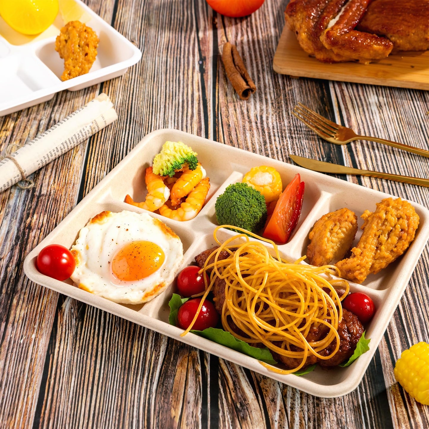 WELLIFE 125 Pack Kids Small 5-Compartment Paper Plates, 10.25x8.25 Inch 100% Compostable Divided Plates, Disposable School Lunch Trays, Eco-Friendly Bagasse Plate for Boys Girls and Youth (BPA Free)