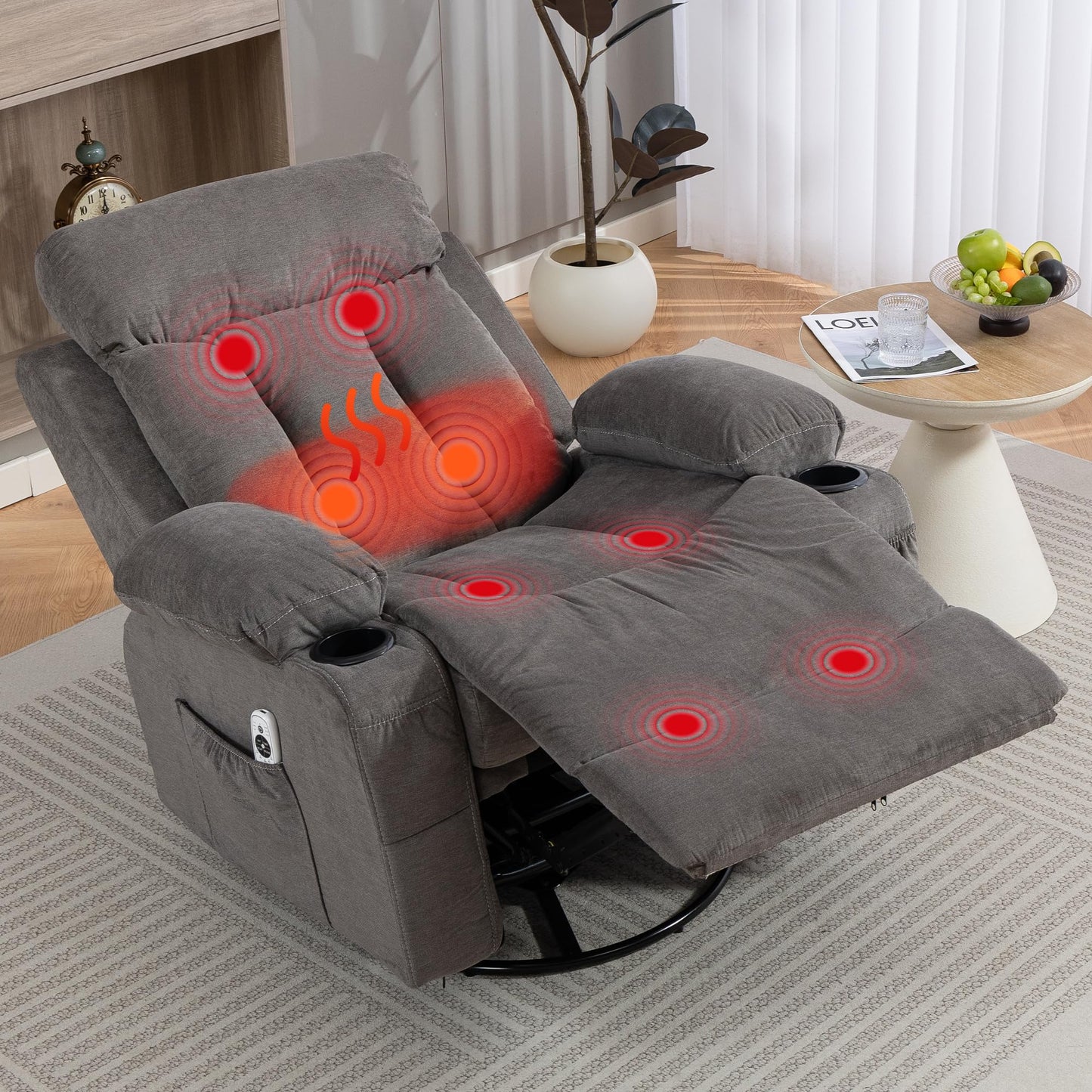 WINVO Rocker Recliner, Glider Recliner Chairs for Adults, 360° Swivel Recliner Chair w/Massage and Heating, Nursery Chair with Rocking Function, Side Pocket, Cup Holders for Living Room, Bedroom, Grey