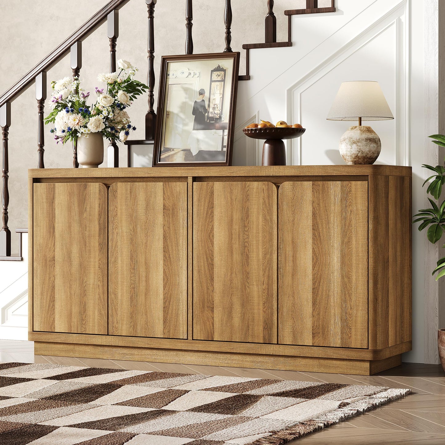 knoworld Buffet Cabinet with Storage, Outlet & Adjustable Shelves, Sideboard Cabinet with Double-Arc Doors, Classic Modern Wood Console Table & Credenza for Dining Room & Entryway