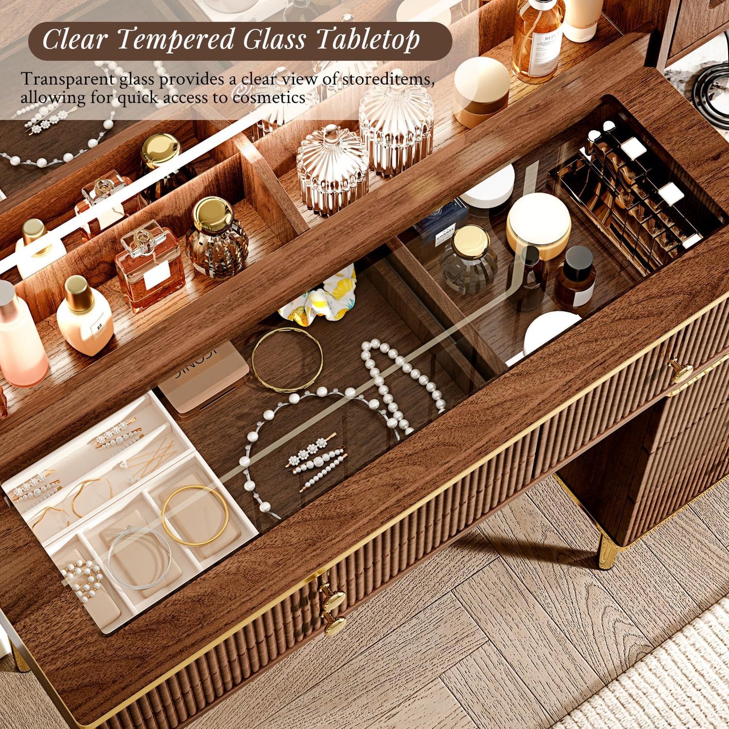 Arulvmrn Vanity Desk with 35.12" HD Lighted Mirror, 46.85" Big Modern Vanity Desk with Mirror and Lights, Makeup Vanity with 7 Drawers and Storage Shelves and Charging Station, Walnut