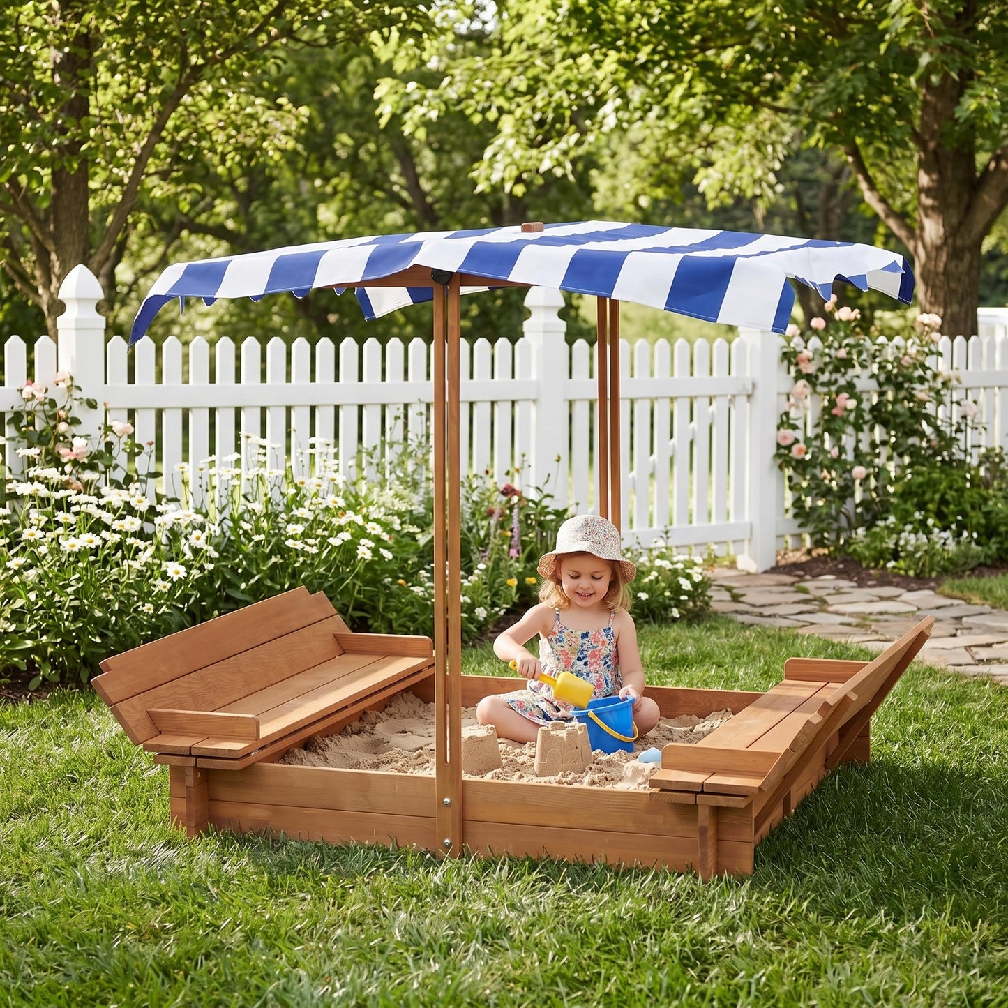 Kids Sandbox with Adjustable Canopy & 2 Foldable Seats, 46'' Wooden Sand Box with Cover, Outdoor Sandpit for Backyard Play