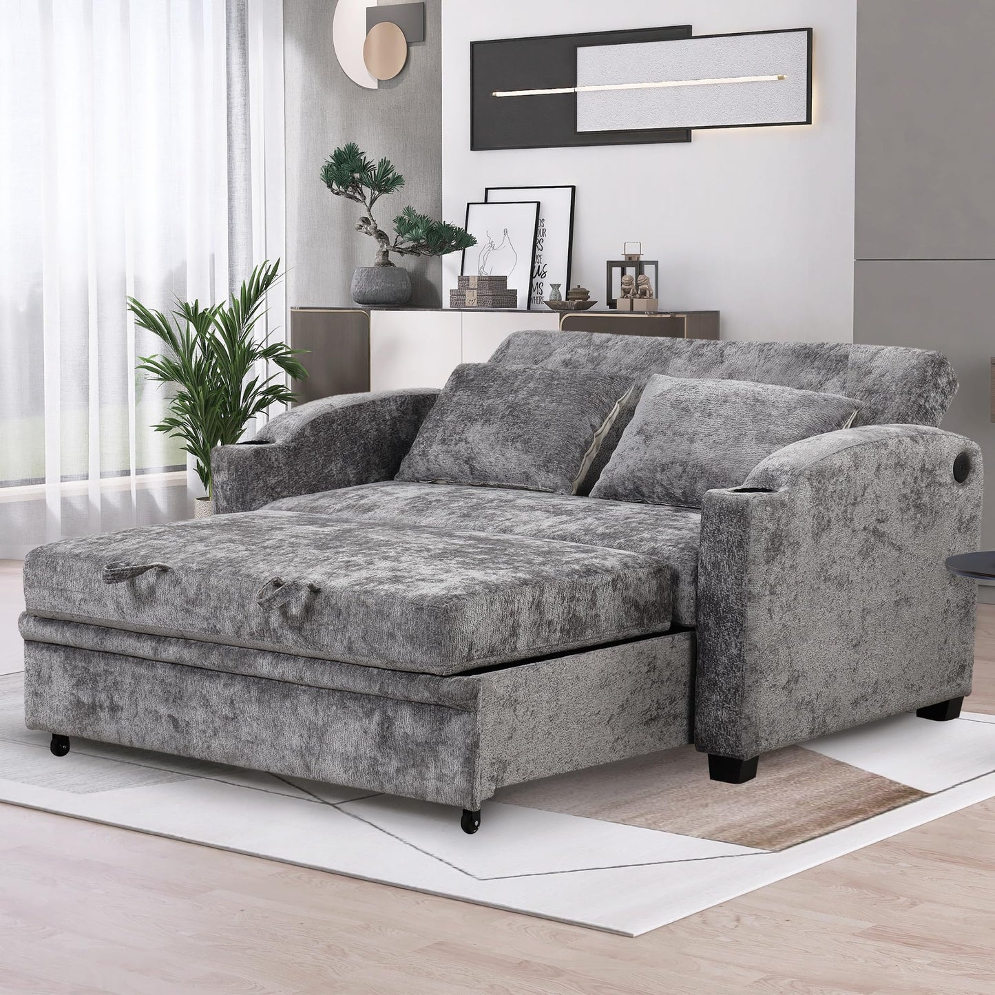 GDFStudio Pull Out Sofa Bed with USB Ports and Cup Holders, 3-Position Adjustable Backrest Chenille Loveseat, Sturdy Frame Compact Couch for Living Room Apartment Guest Bed, Gray