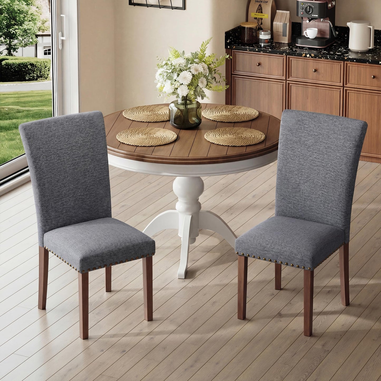 COLAMY Upholstered Parsons Dining Chairs Set of 6, Fabric Dining Room Kitchen Side Chair with Nailhead Trim and Wood Legs - Dark Grey