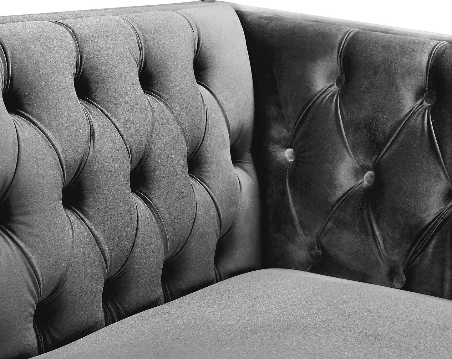 Meridian Furniture 652Grey-C Michelle Collection Modern | Contemporary Chair with Deep Button Tufting, Gold Nailhead Trim and Sturdy Gold Iron Legs, Grey Velvet, 44" W x 34" D x 30" H