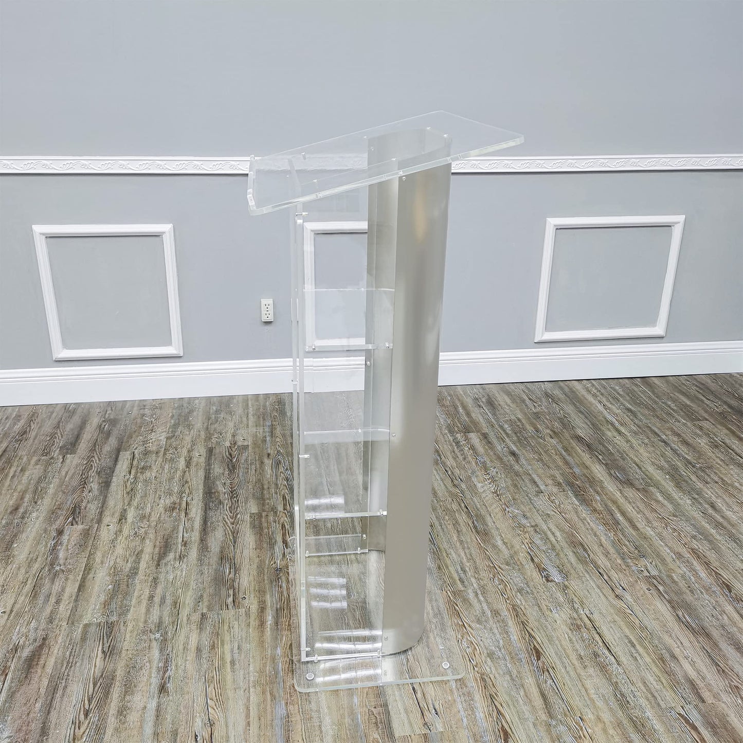 FixtureDisplays® Brushed Stainless Steel Sides Pulpit Clear Acrylic Plexiglass Podium Curved Lectern 14307NEW