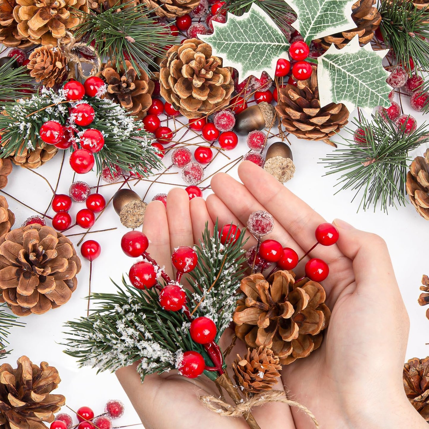 Christmas Pine Cones for Crafts Decorations 144PCS Natural Pine Cones & Artificial Pine Branch & Red Berry & Berry Stems Bulk, for DIY Crafts, Christmas Wreath & Bowl & Vase Filler, Table Decor