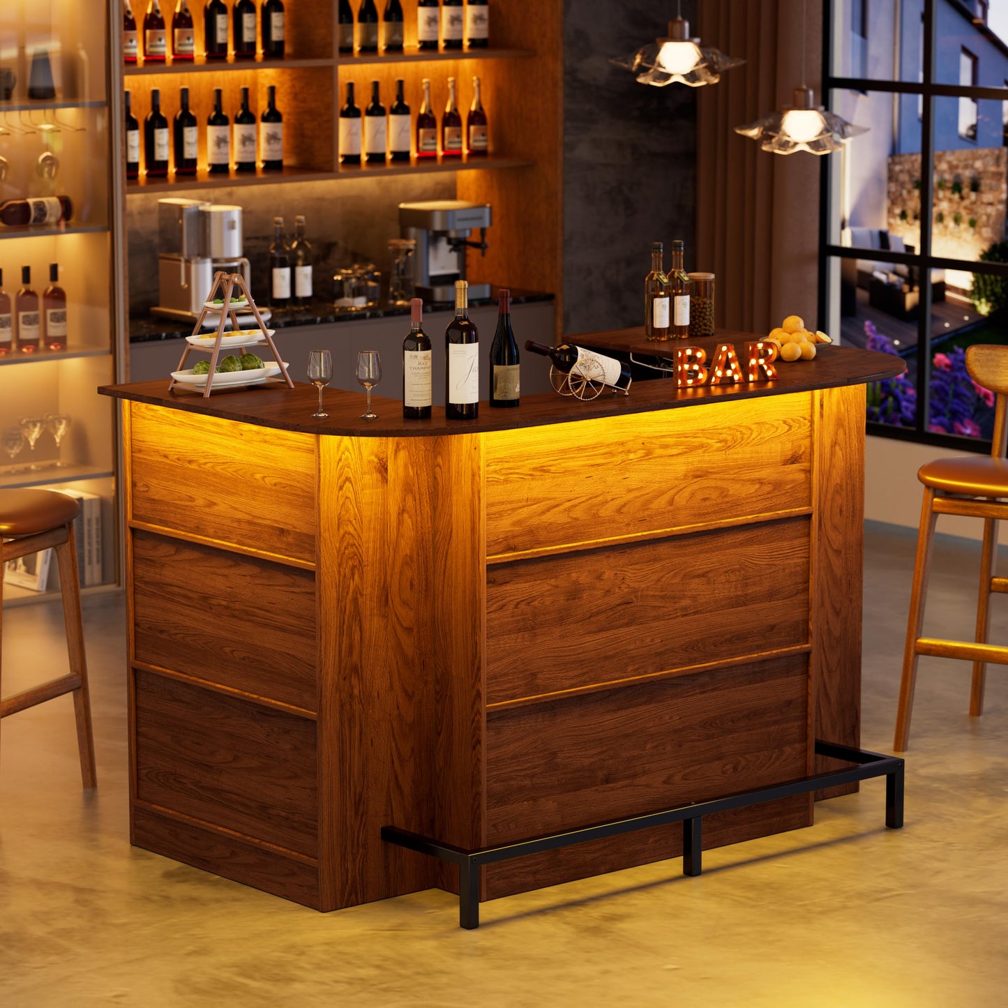 PAKASEPT Home Unit Bar Cabinet with LED Light & Stemware Holders, 3 Tier Liquor Bar Wooden Storage Cabinet, Modern U-Shaped Liquor Table Cabinet for Living Room, Dining Room