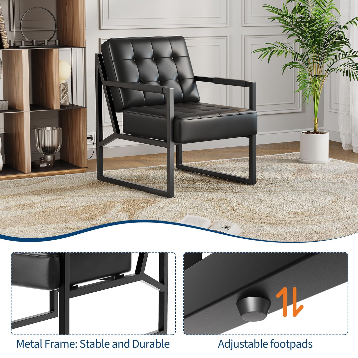 GarveeLife Mid Century Modern Accent Chair, PU Leather Upholstered Armchair with Thick Cushion & Sturdy Metal Frame, Retro Lounge Chair for Living Room Bedroom Office Lobby Waiting Room, Black 2 Pack