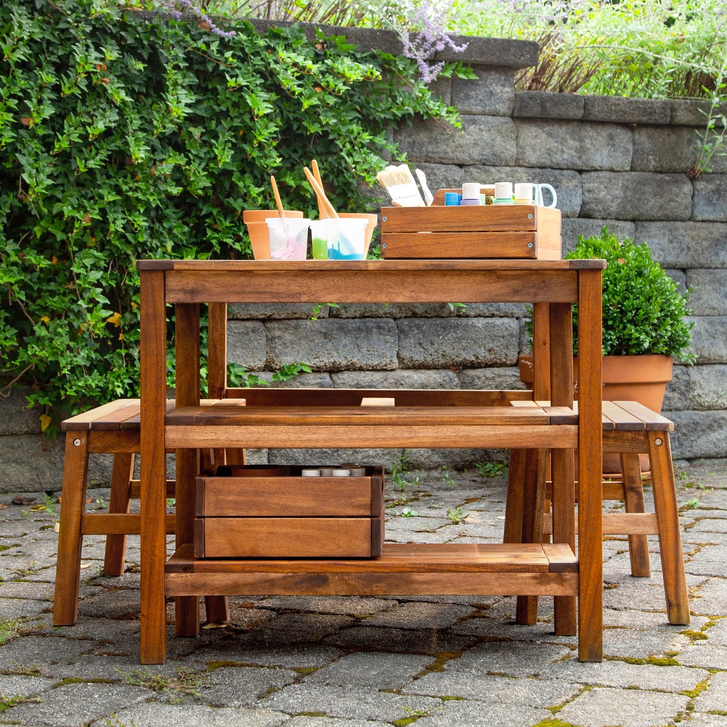 Martha Stewart Kids Outdoor Craft Table and 2 Bench Set: Acacia Wood Activity Desk w/Crate, Caddy, and Storage Shelves | Kids Play & Picnic Table w/Benches for Backyard, Patio, Outdoor Classrooms