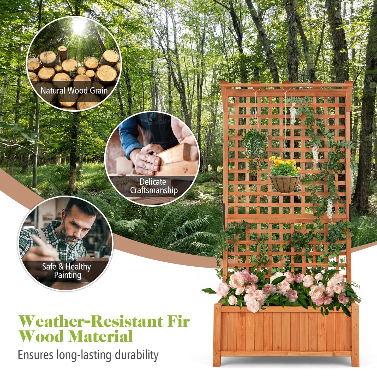 COSTWAY Raised Garden Bed with Trellis, Indoor & Outdoor Wooden Planter Box with Hanging Roof, Drainage Holes, Freestanding Vertical Planter for Vines, Climbing Plants, Flowers, Vegetables