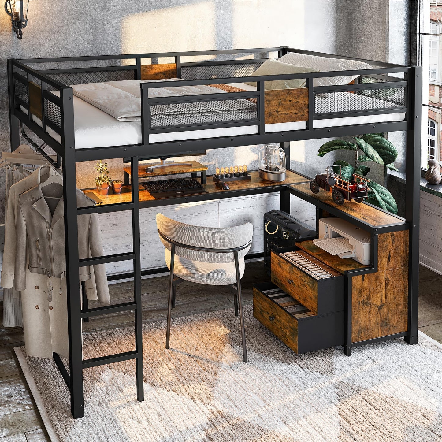 KEIKI Twin XL Loft Bed with L-Shaped Desk & Storage, Metal Frame with Ladder & Safety Rails, Space-Saving Industrial Loft Bed with Drawers for Teens, Adults, Black