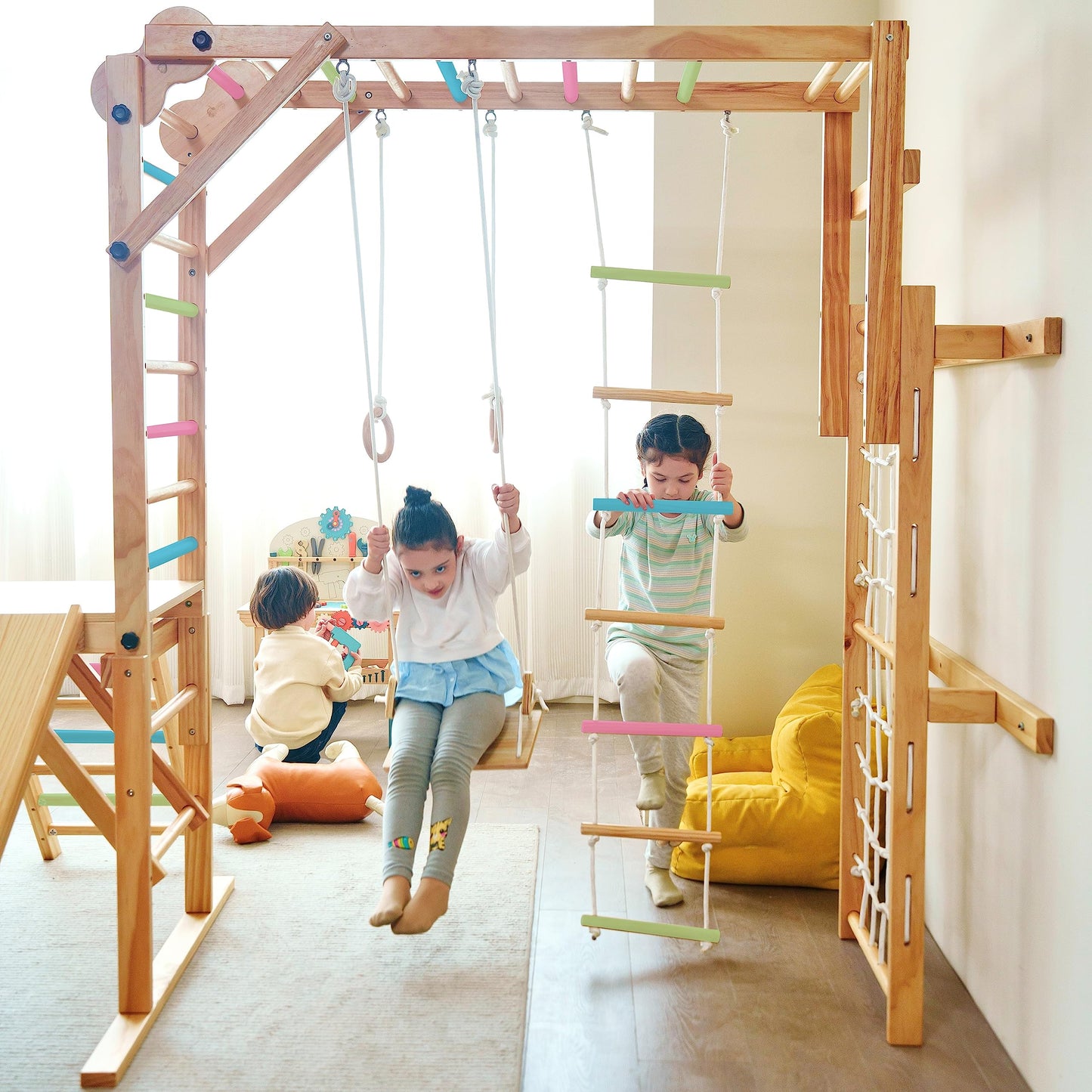 Avenlur Grove 8-in-1 Indoor Jungle Gym with Gymnastic Rings, Climbing Rope, Swing, Slide, Monkey Bars, Rope Wall Net, and Wooden and Rope Ladder - Jungle Play Set for Kids Ages 2-11 Years Old