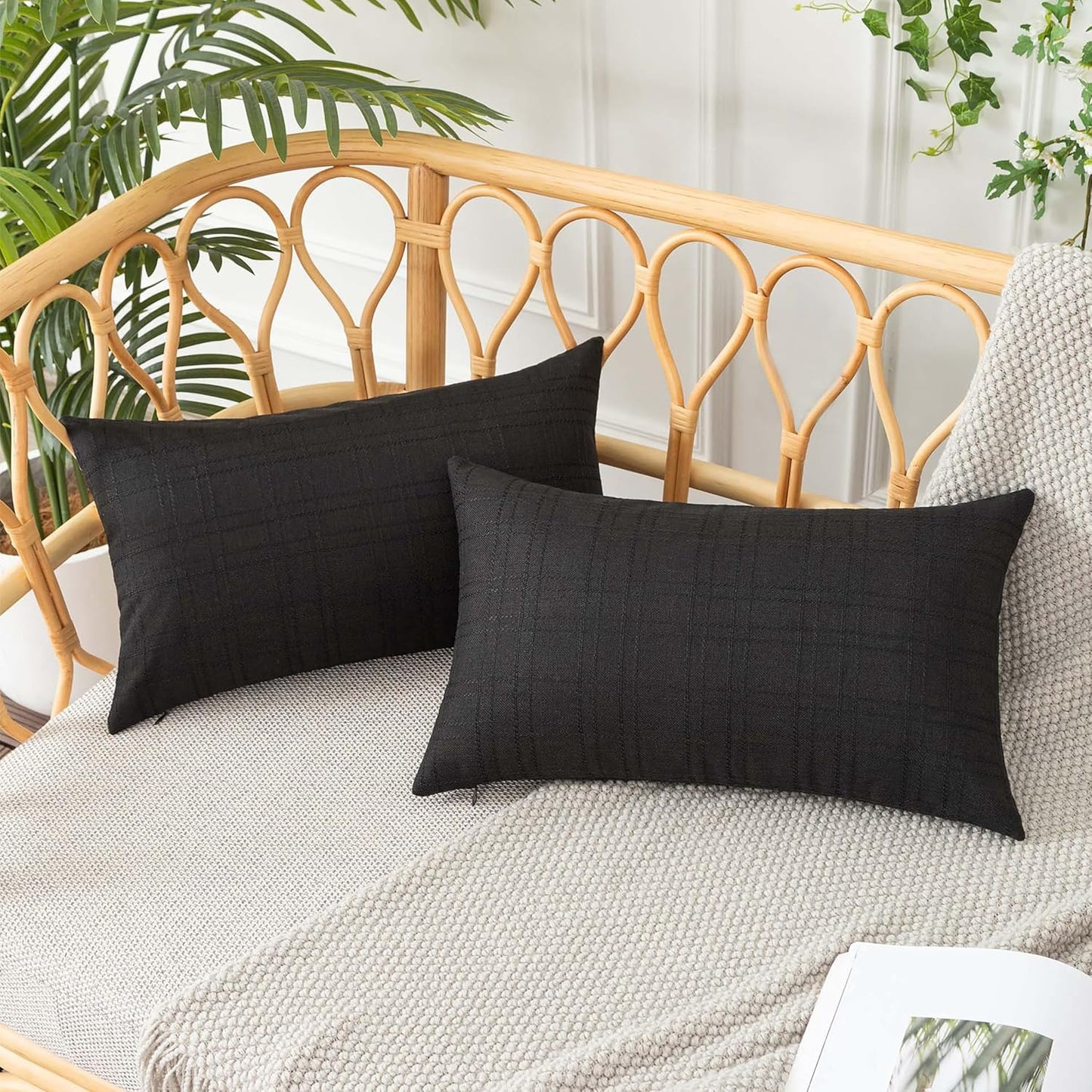 UGASA Outdoor Throw Pillow Covers - Waterproof Plaid Texture | Set of 2, 12x20 Inch, Black for Patio & Garden