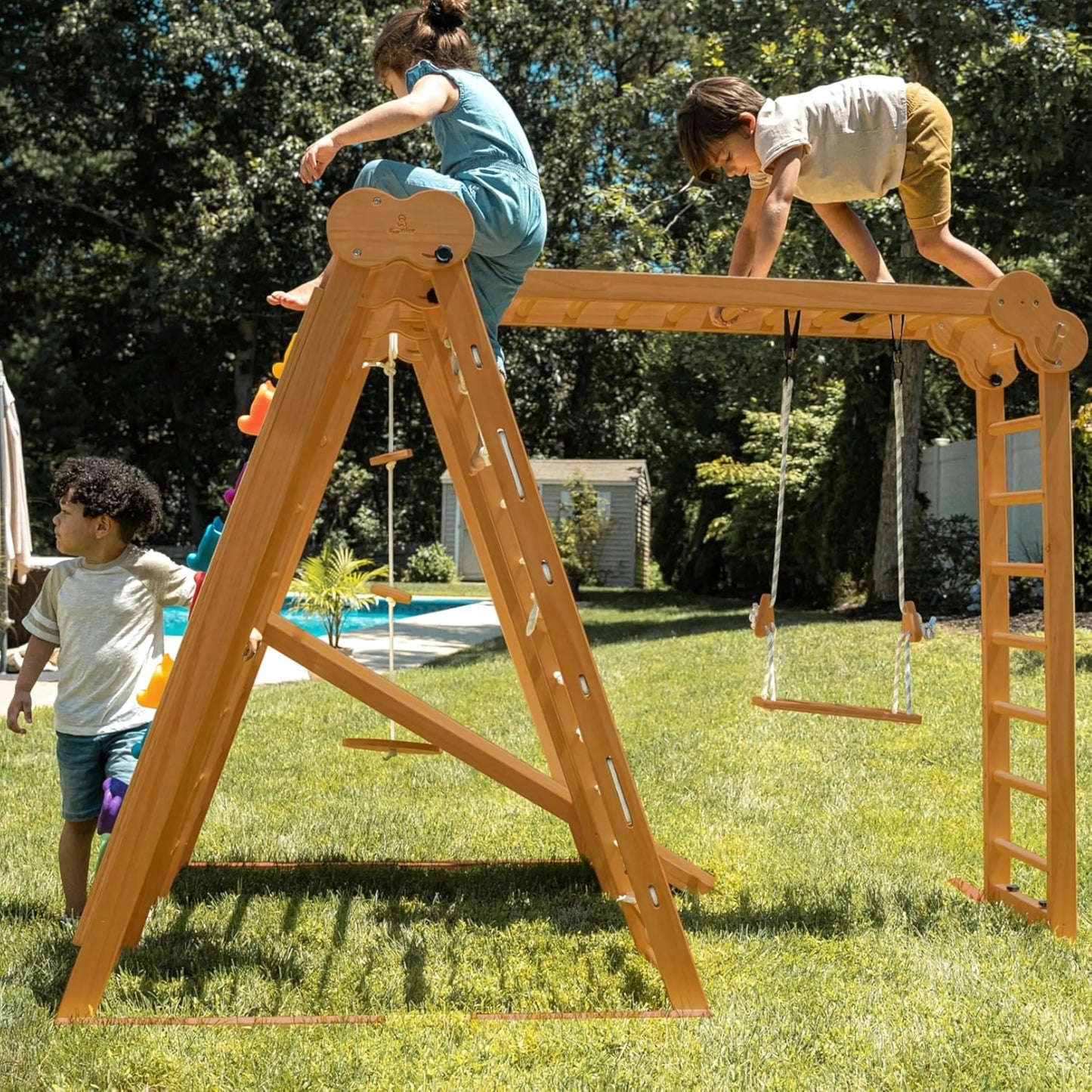 Avenlur 8-in-1 Small Indoor/Outdoor Playset – Foldable Wooden Kids Play Set for Backyard – Kid Playground for Toddlers Age 2–6 with Slide, Monkey Bars, 2 Ladders, 2 Swings, Rock Climbing, Gym Rings
