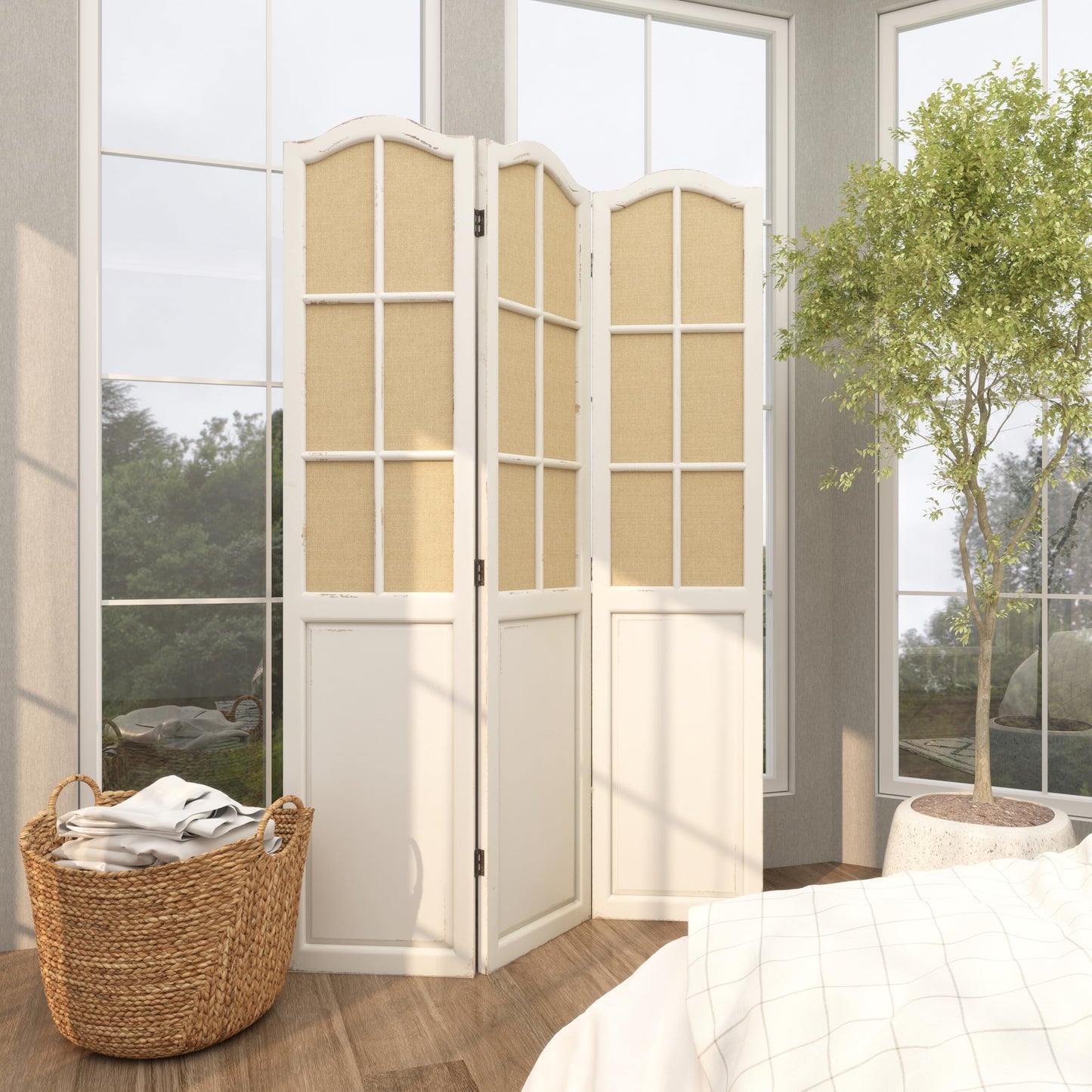 Deco 79 Wood Partition Room Divider Screen Hinged Foldable Partition 3 Panel Privacy Screen with Burlap Window Pane Design, Room Partition 48" x 1" x 71", Beige