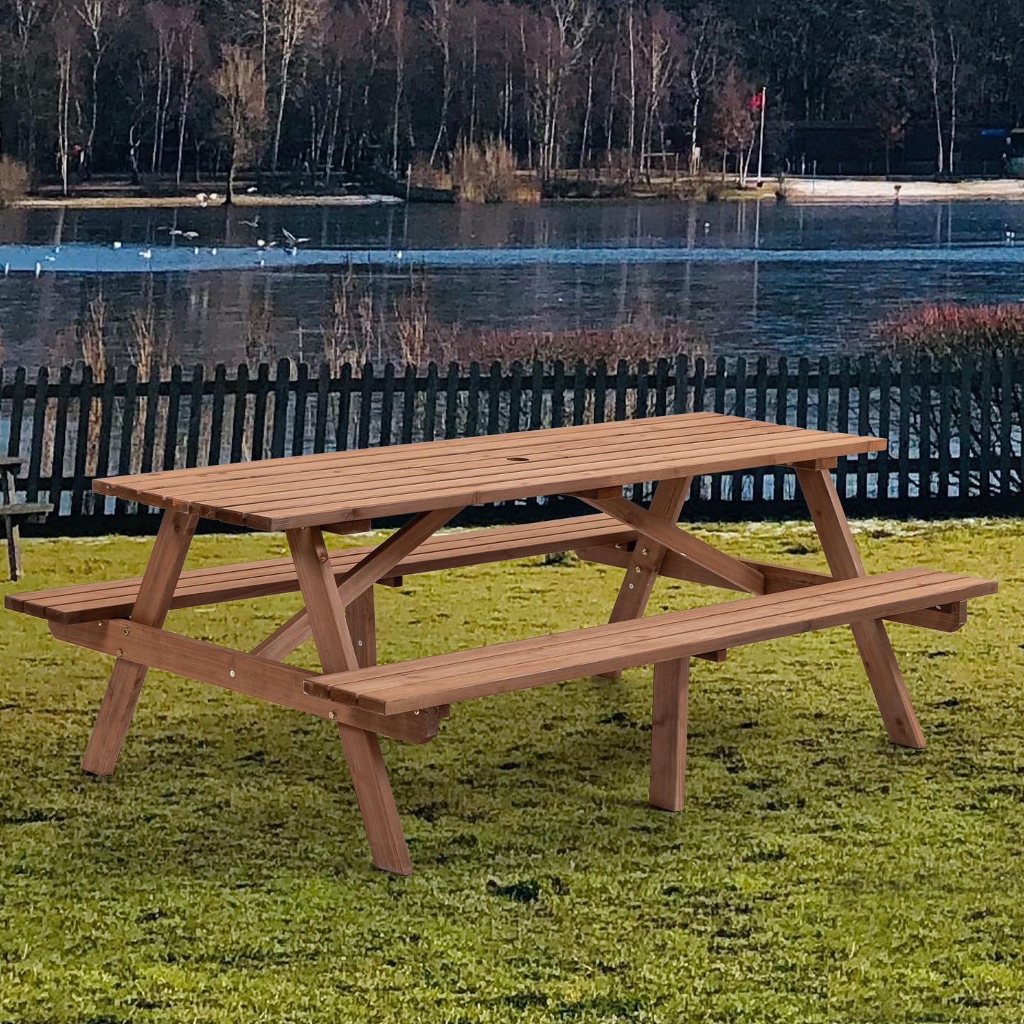 Jaxilyn Picnic Table with Bench for 6-8 Person Outdoor Wooden Rectangle Table for Backyard, Porch, Patio, Deck w/Umbrella Hole -Brown