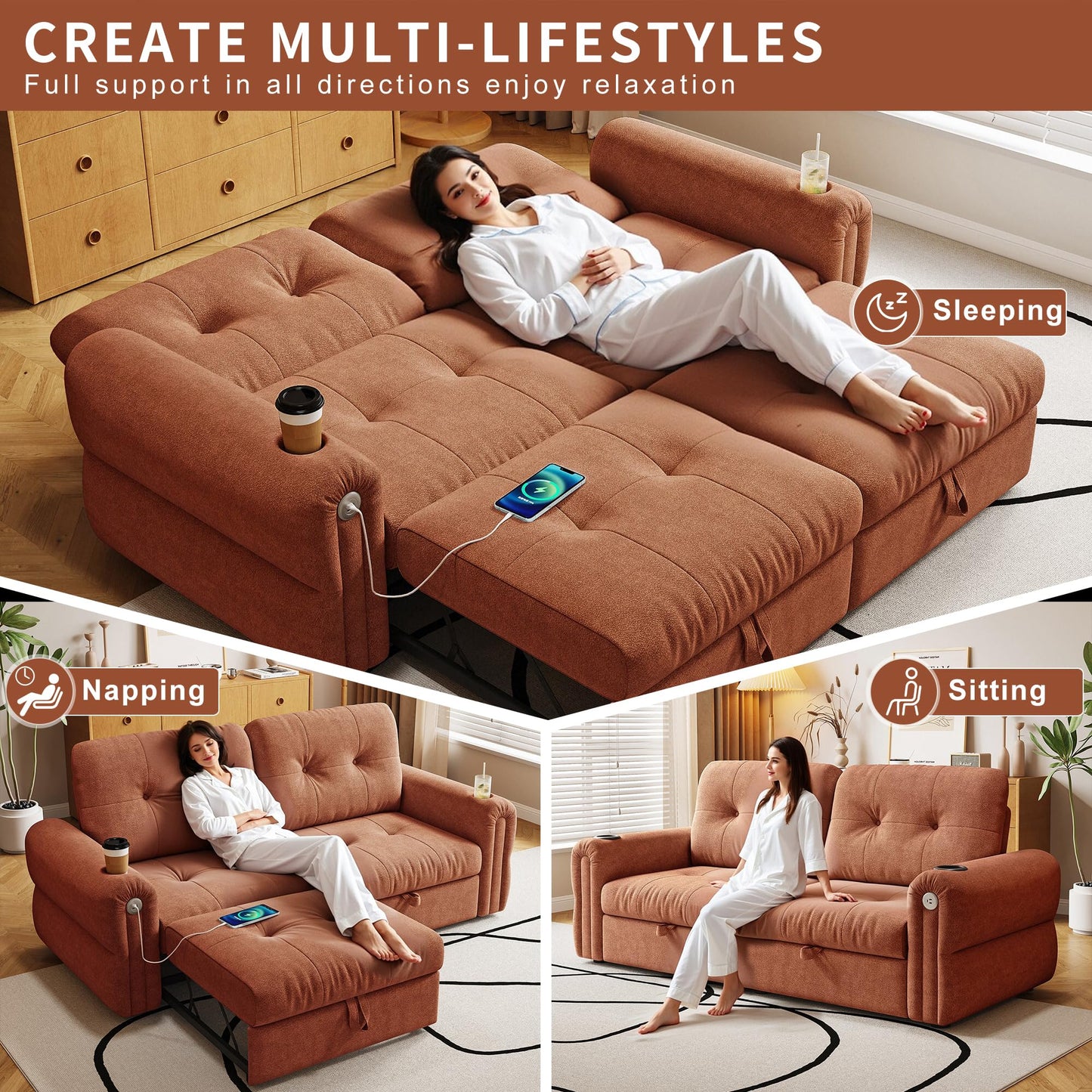 KEIKI 3 in 1 Sleeper Sofa Bed, 80.4" Pull Out Couch, Loveseat Sofa Futon Bed with USB Port for Living Room, Bedroom, Apartment, Orange