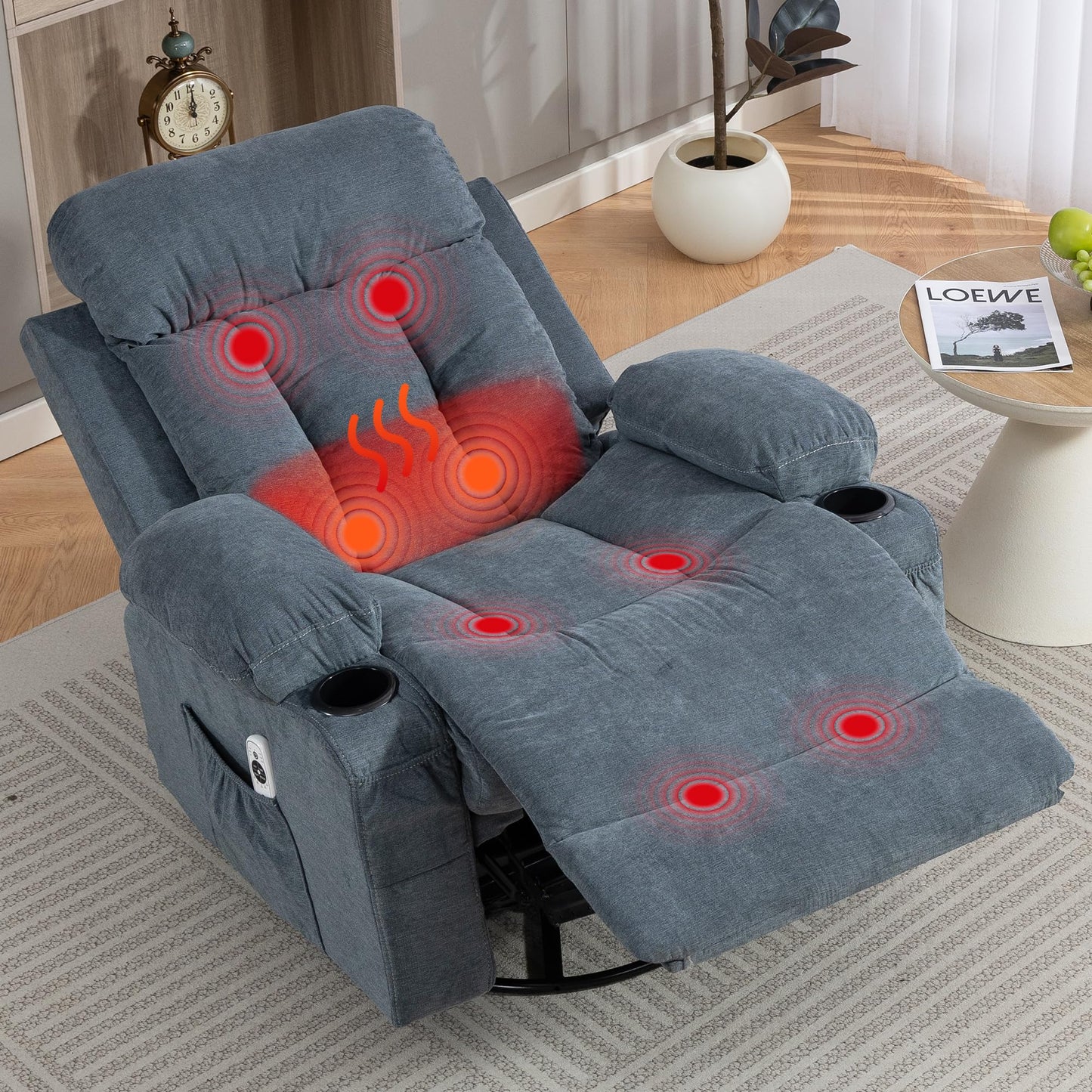 WiNVO 360° Swivel Rocking Chair, Rocker Recliner Chair with Vibration Massage and Heat, Ergonomic Lounge Chairs with Rocking Function and Side Pocket, Cup Holders, Blue