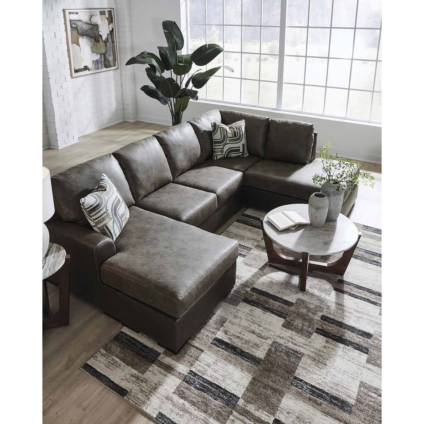 Signature Design by Ashley Baltic‑Park Sleeper Sectional Sofa with Chaise, Faux Leather Couch Bed with Queen Memory Foam Mattress for Modern Living Room Lounging, Brown