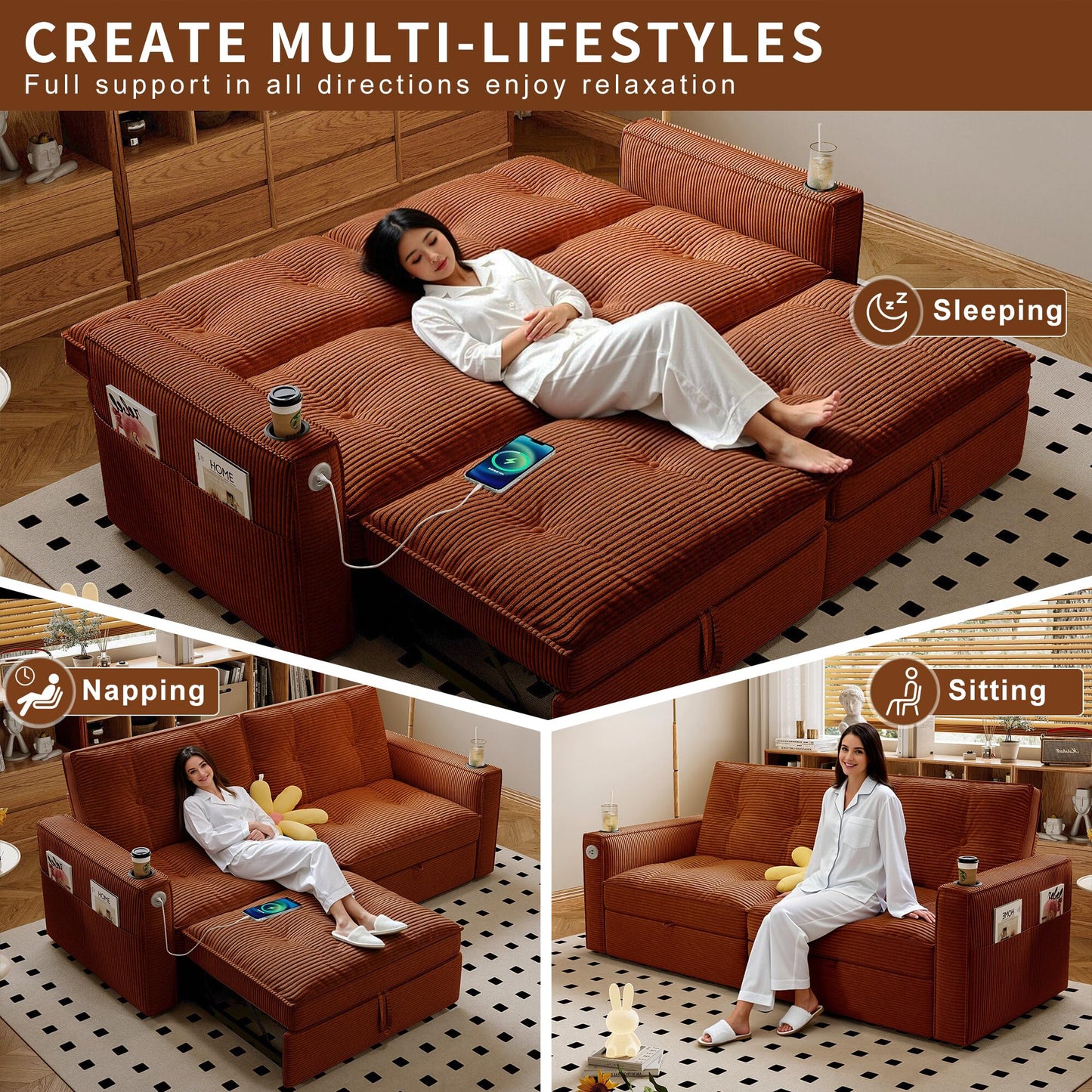 KEIKI Convertible Sofa Bed, 3 in 1 Pull Out Couch, 73" Pull Out Sofa Bed with Side Pocket for Living Room, Bedroom, Small Space, Orange