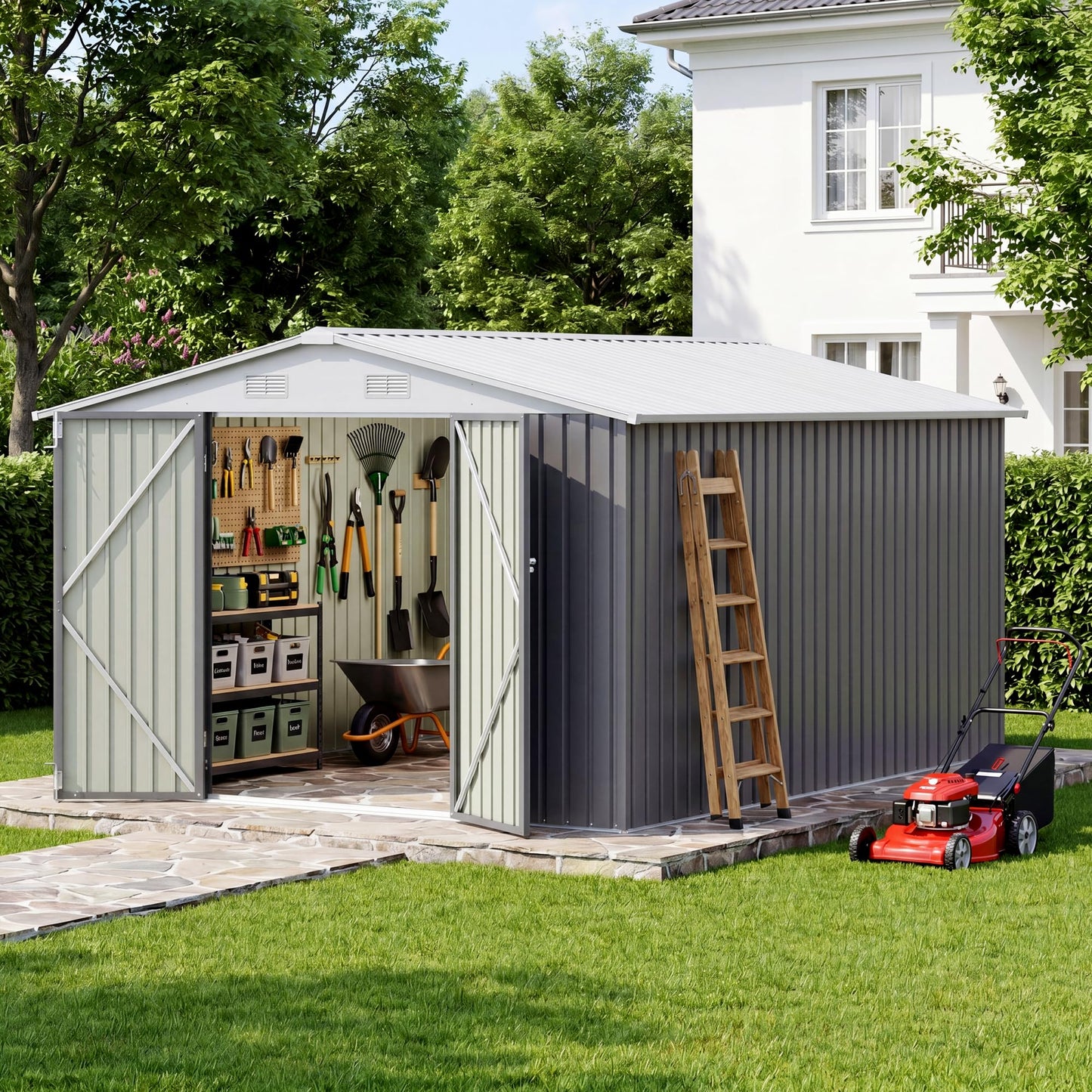 Greesum 10x12 FT Outdoor Storage Shed, Weather-Resistant Metal Tool Shed with Lockable Doors & Ventilation for Patio, Backyard, Poolside (Gray)
