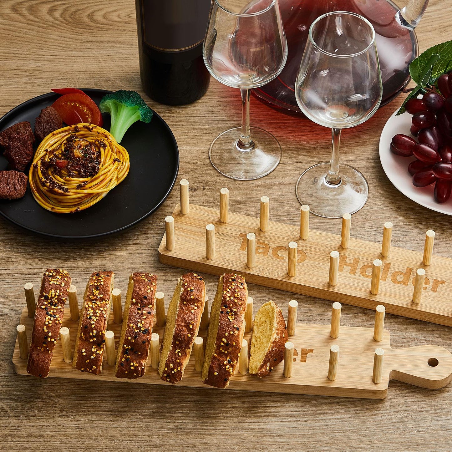 Pinkunn 4 Pcs Bamboo Taco Tray Holder Holds 8 Rack Tray Soft or Hard Shell Tacos Food Serving Stand for Tortillas Burritos Kitchen Accessory Housewarming Gift