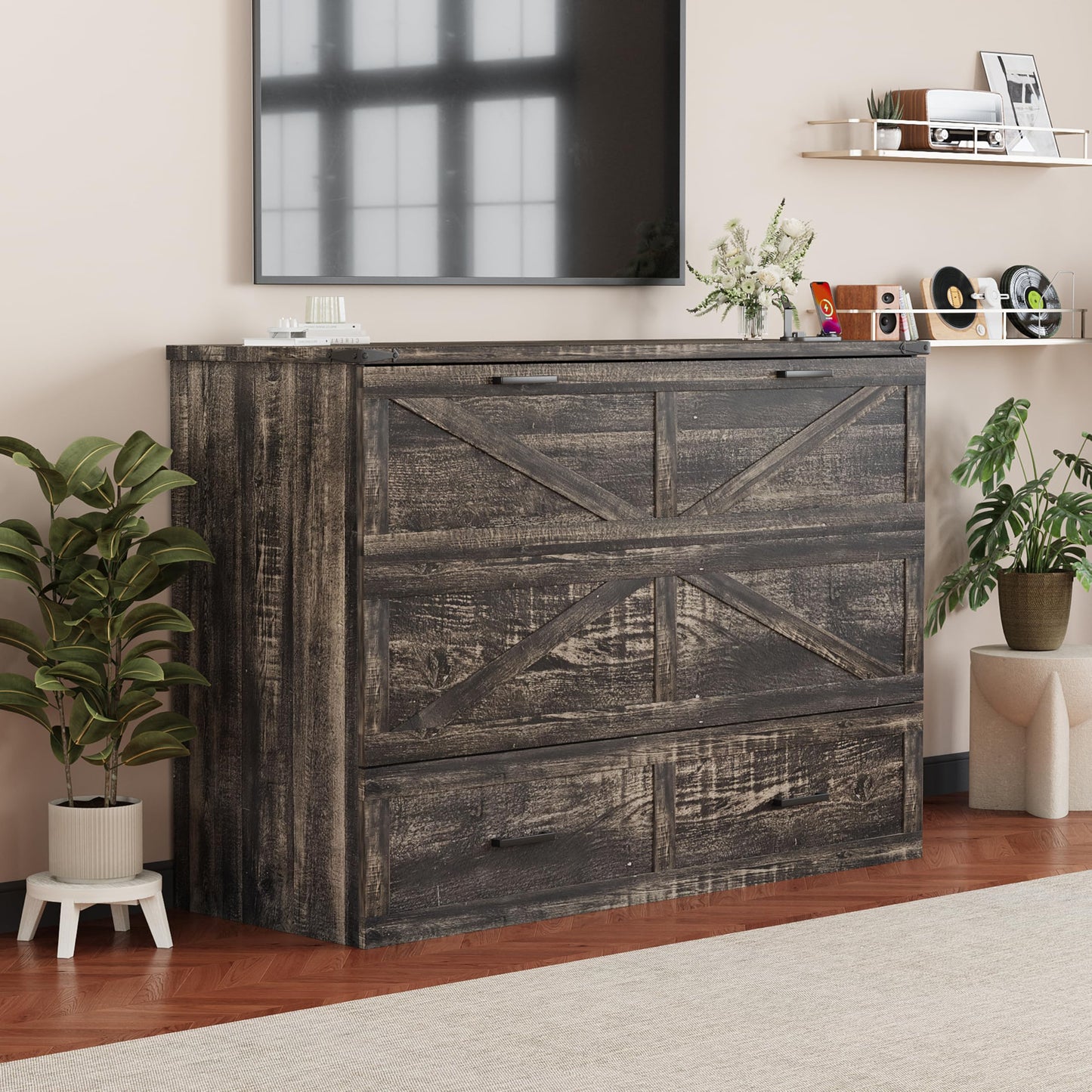 Queen Murphy Bed with Charging Station,Farmhouse Murphy Beds w/Large Storage Drawer,Hideaway Foldable Platform Bed for Guest Bedroom, Living Room, Office,Small Room,Pull Out Bedframe,Grey