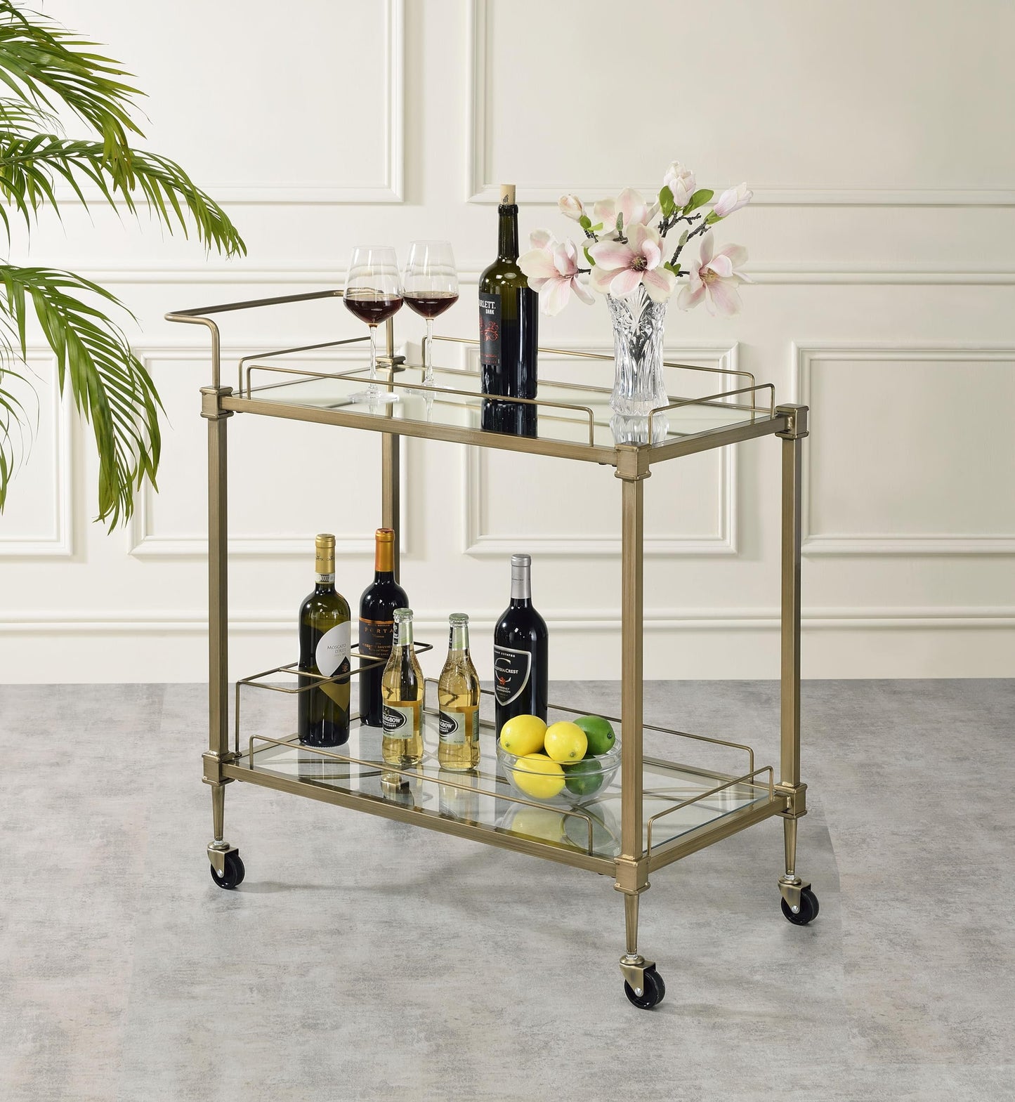Acme Aditya Contemporary Metal Serving Cart in Mirrored and Antique Brass